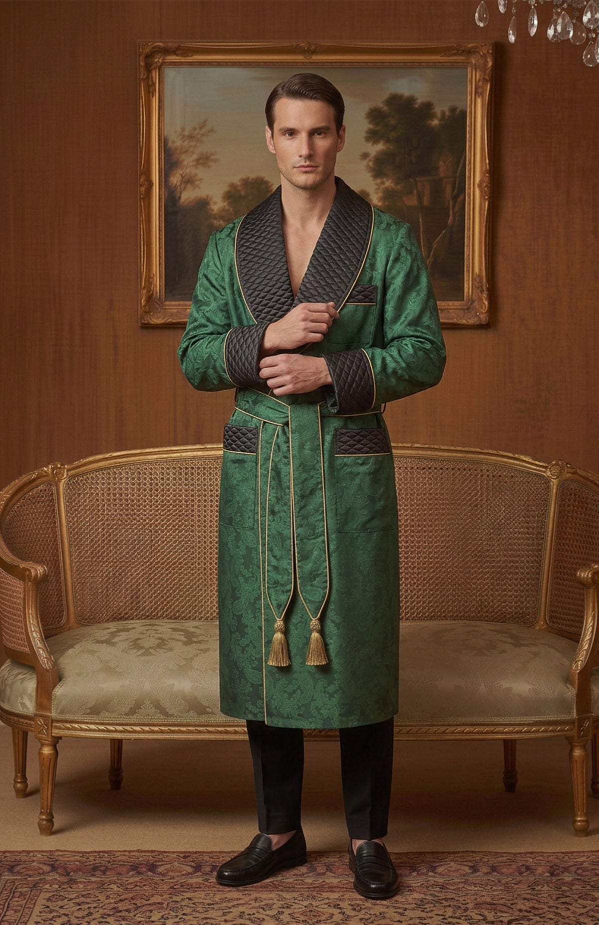 The Emerald Earl | Green & Black Paisley Jacquard Quilted Robe for Men
