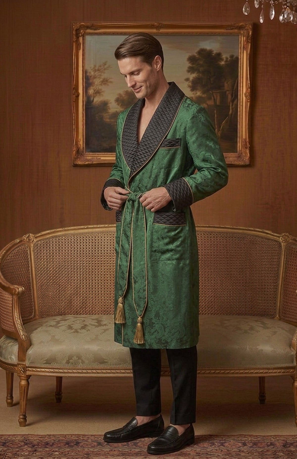 The Emerald Earl | Green & Black Paisley Jacquard Quilted Robe for Men