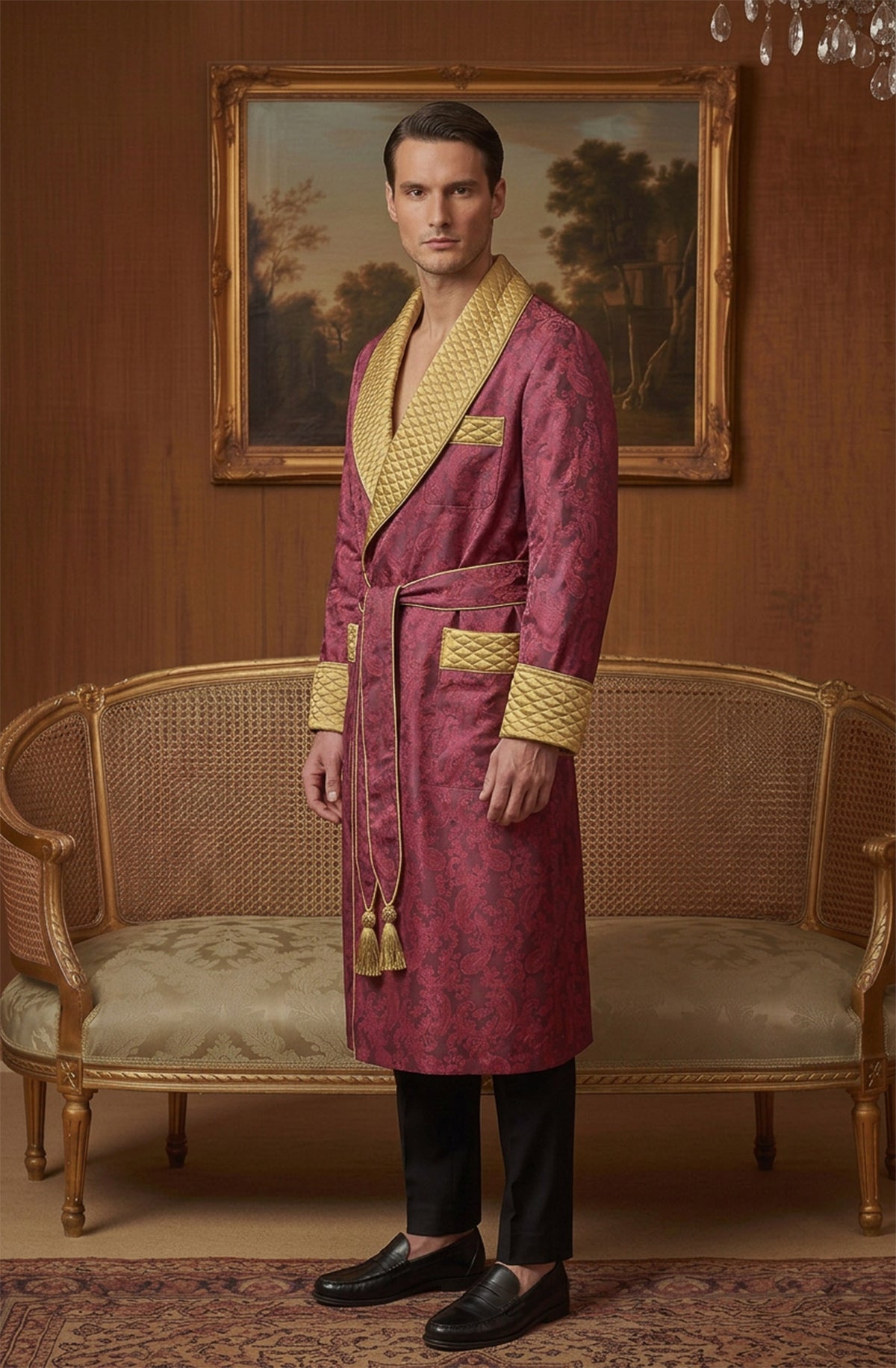 The Gilded Marquess | Wine & Gold Paisley Jacquard Quilted Robe for Men