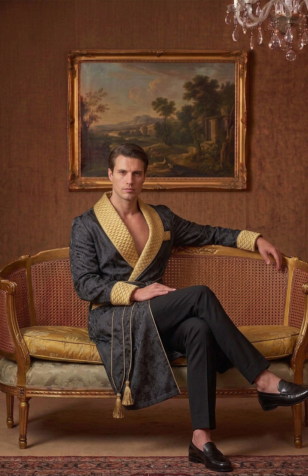 The Onyx Heir | Black & Gold Paisley Jacquard Quilted Robe for Men