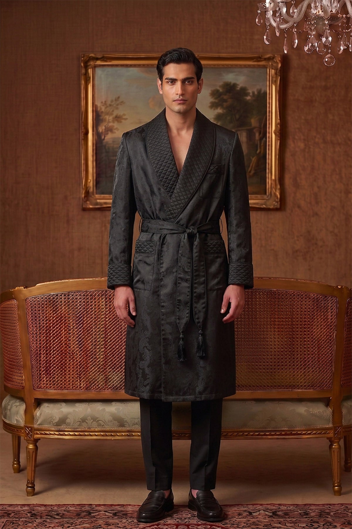 The Noir Baron | All-Black Paisley Jacquard Quilted Robe for Men