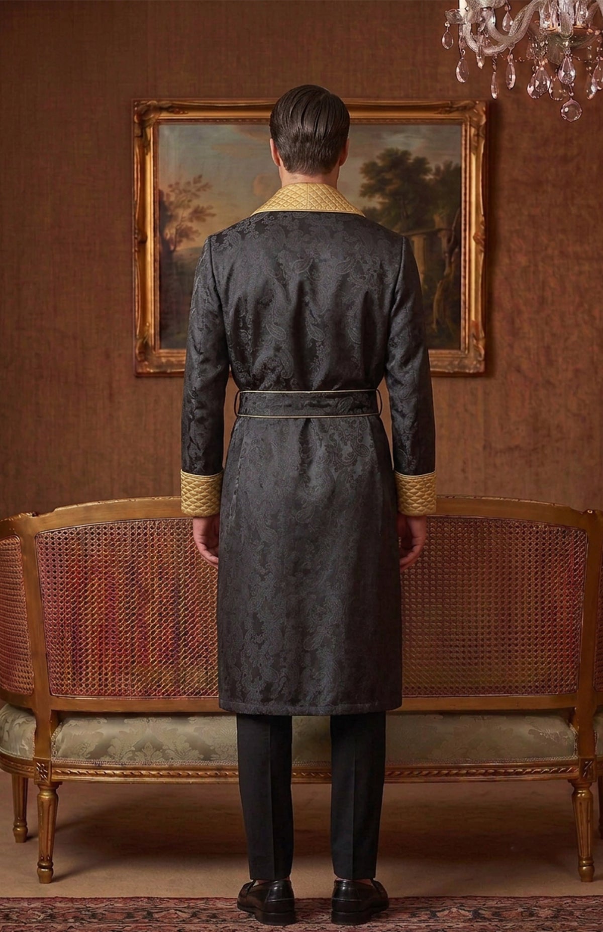 The Onyx Heir | Black & Gold Paisley Jacquard Quilted Robe for Men