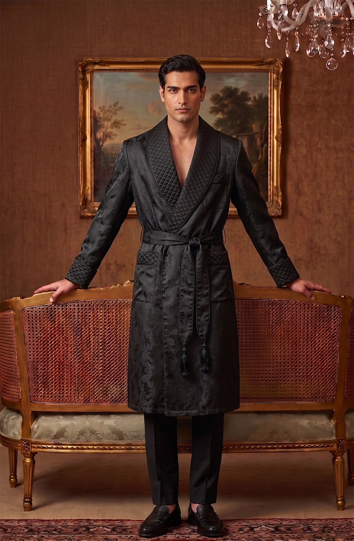 The Noir Baron | All-Black Paisley Jacquard Quilted Robe for Men