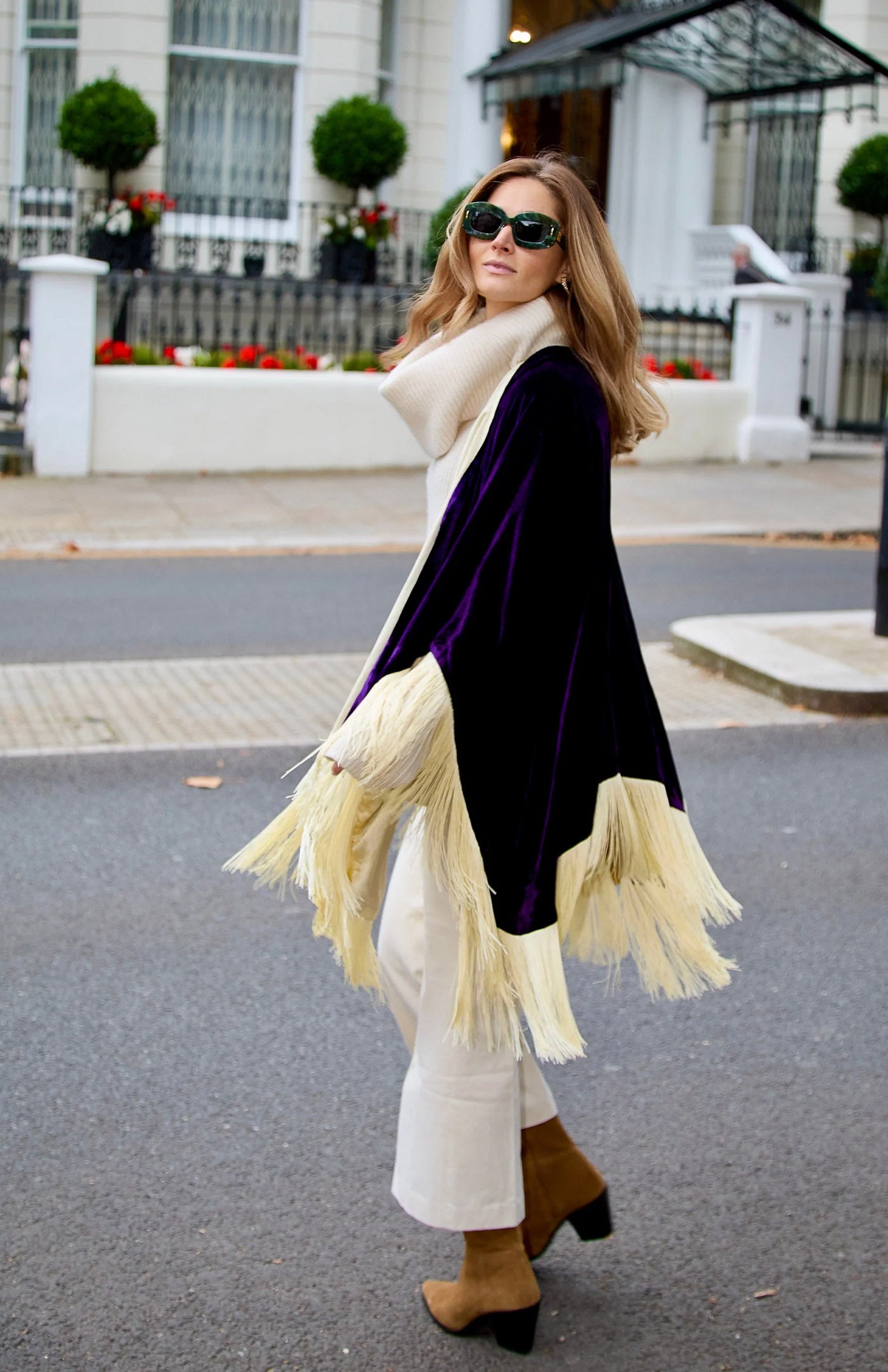 Royal Purple Opulence | Ivory Fringe Velvet Poncho Wrap