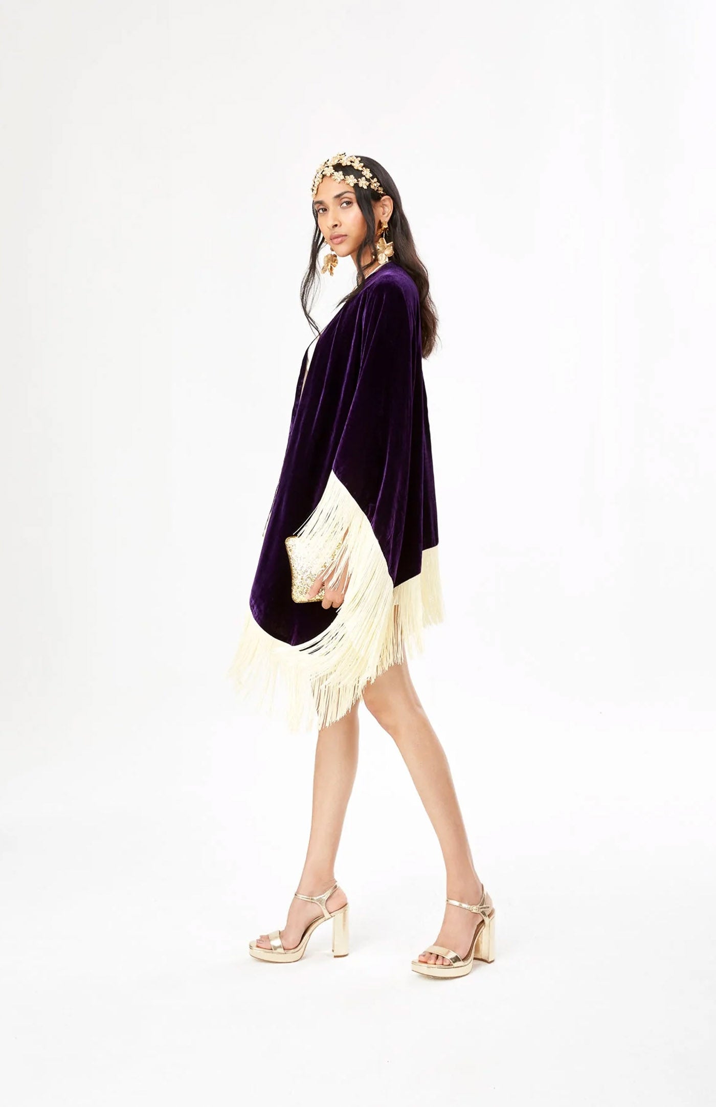 Royal Purple Opulence | Ivory Fringe Velvet Poncho Wrap