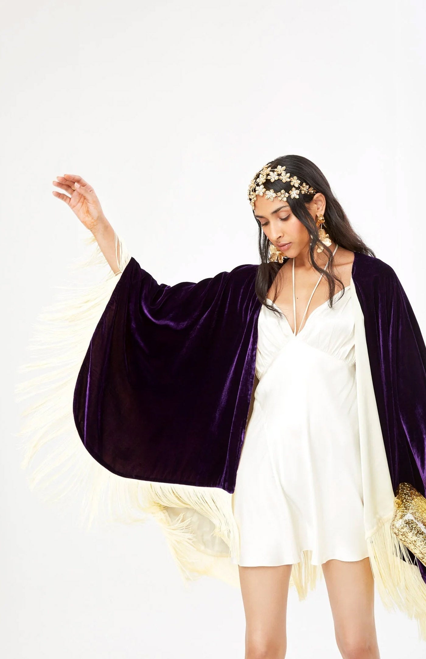 Royal Purple Opulence | Ivory Fringe Velvet Poncho Wrap