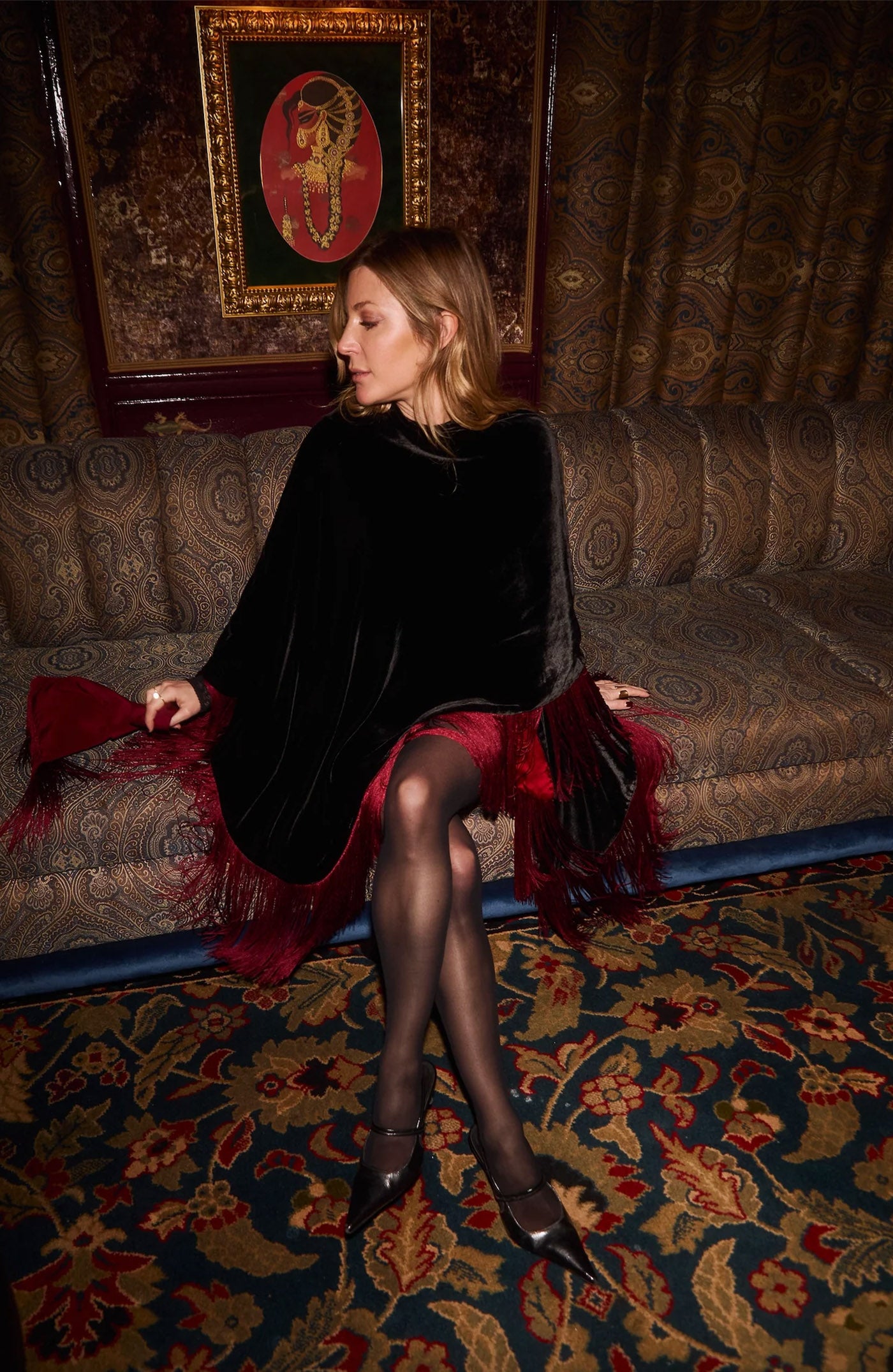 Noir Wine Diva | Fringed Velvet After-Dark Poncho Jacket
