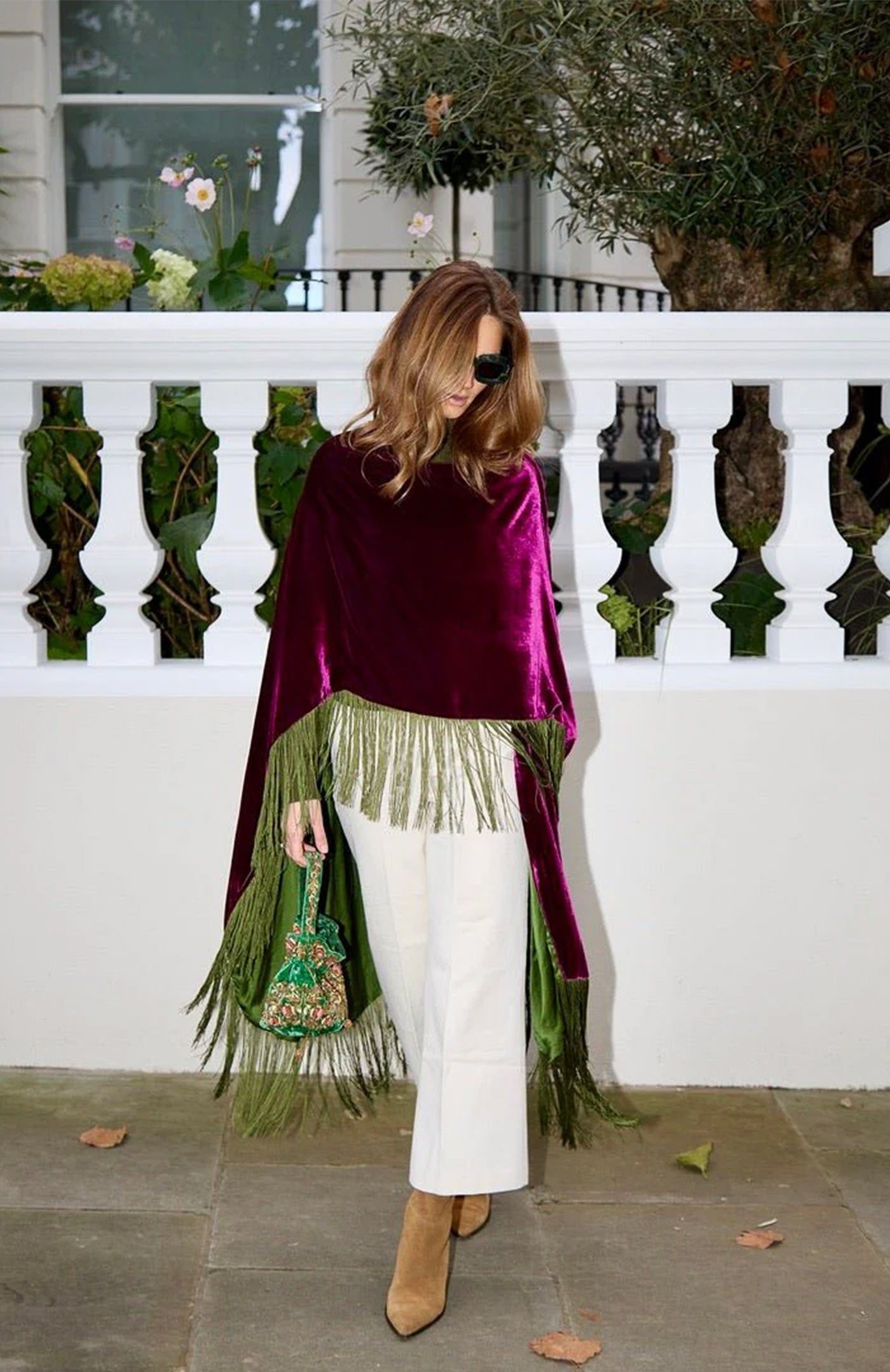 Jewel-Tone Glamour | Magenta & Olive Fringed Velvet Poncho