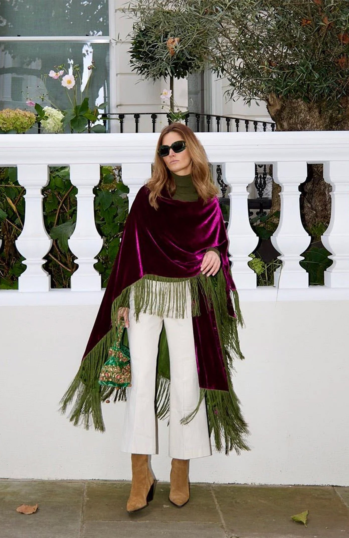 Jewel-Tone Glamour | Magenta & Olive Fringed Velvet Poncho