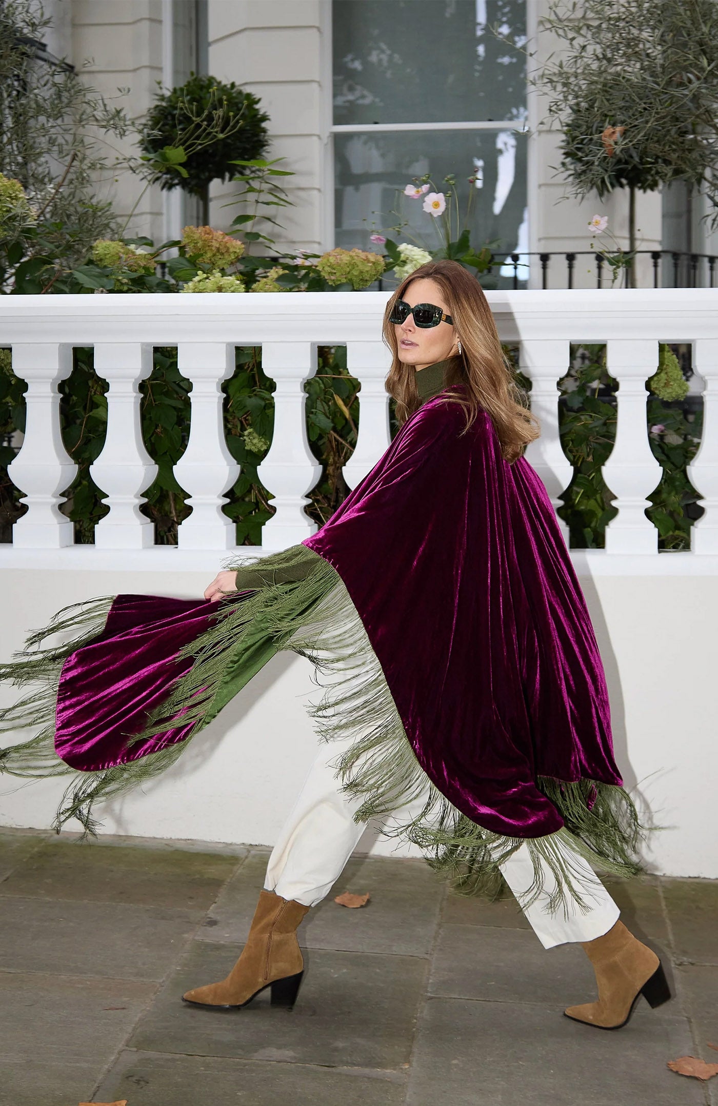 Jewel-Tone Glamour | Magenta & Olive Fringed Velvet Poncho