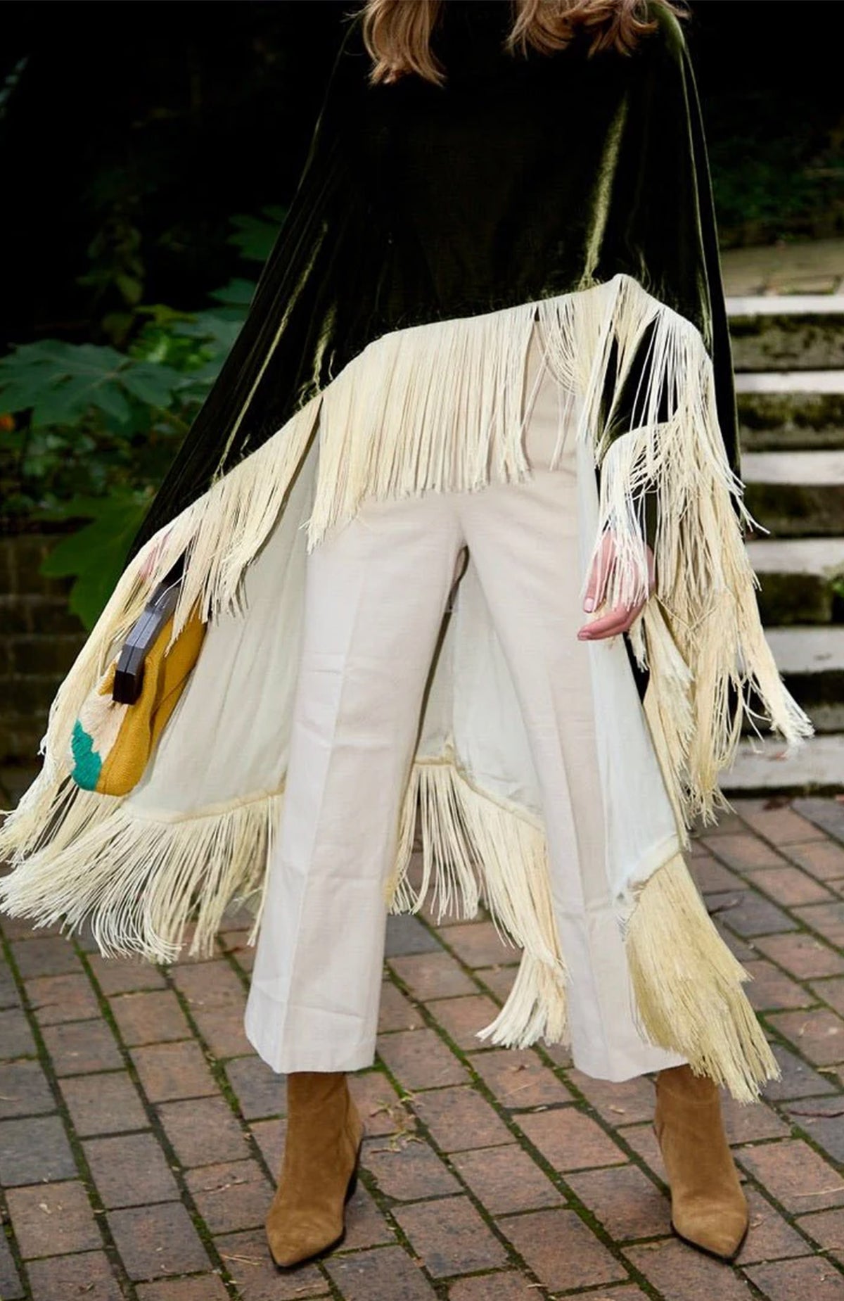 Emerald Luxe Diva | Ivory Fringe Velvet Poncho Wrap