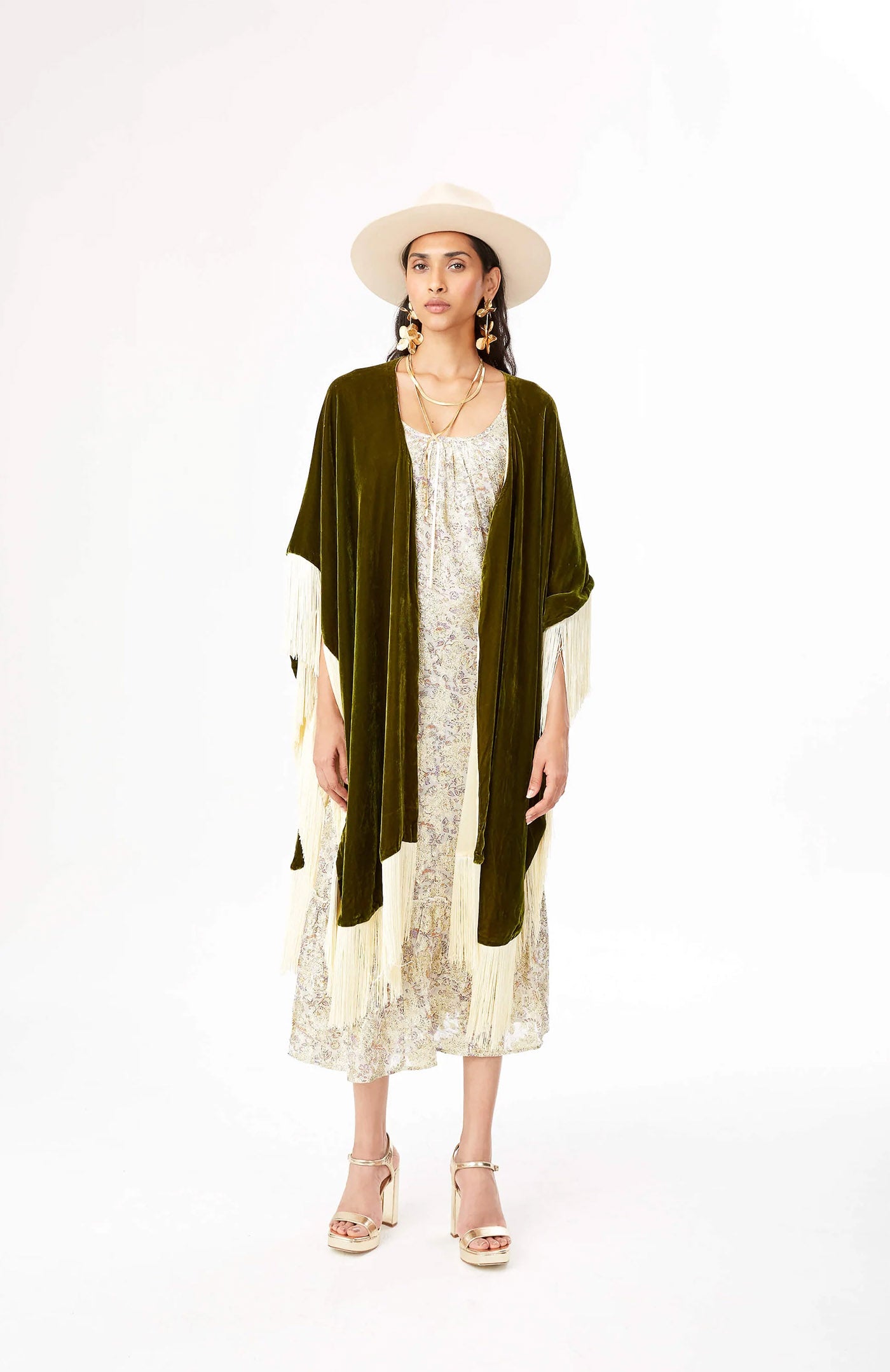 Emerald Luxe Diva | Ivory Fringe Velvet Poncho Wrap