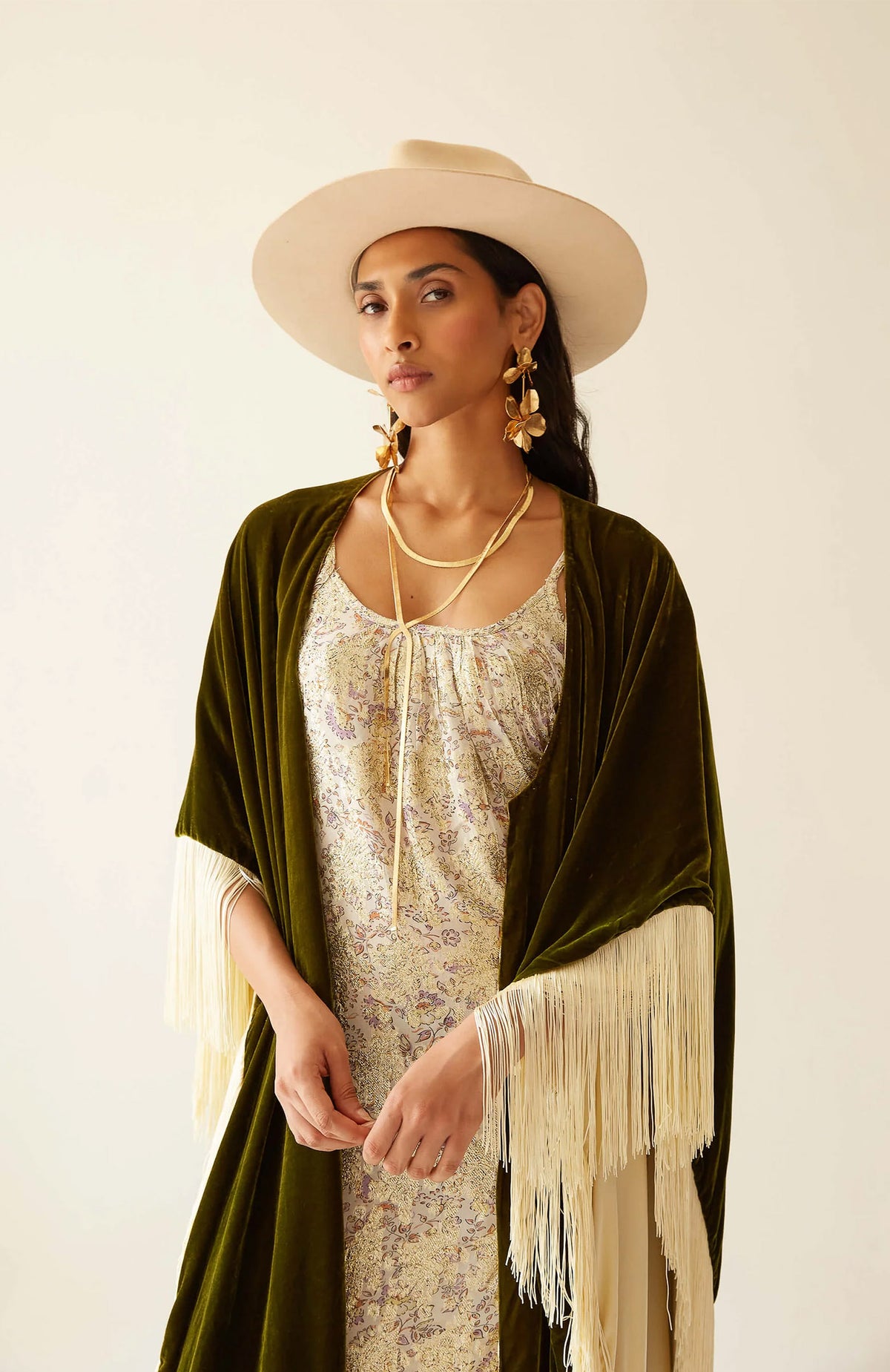 Emerald Luxe Diva | Ivory Fringe Velvet Poncho Wrap