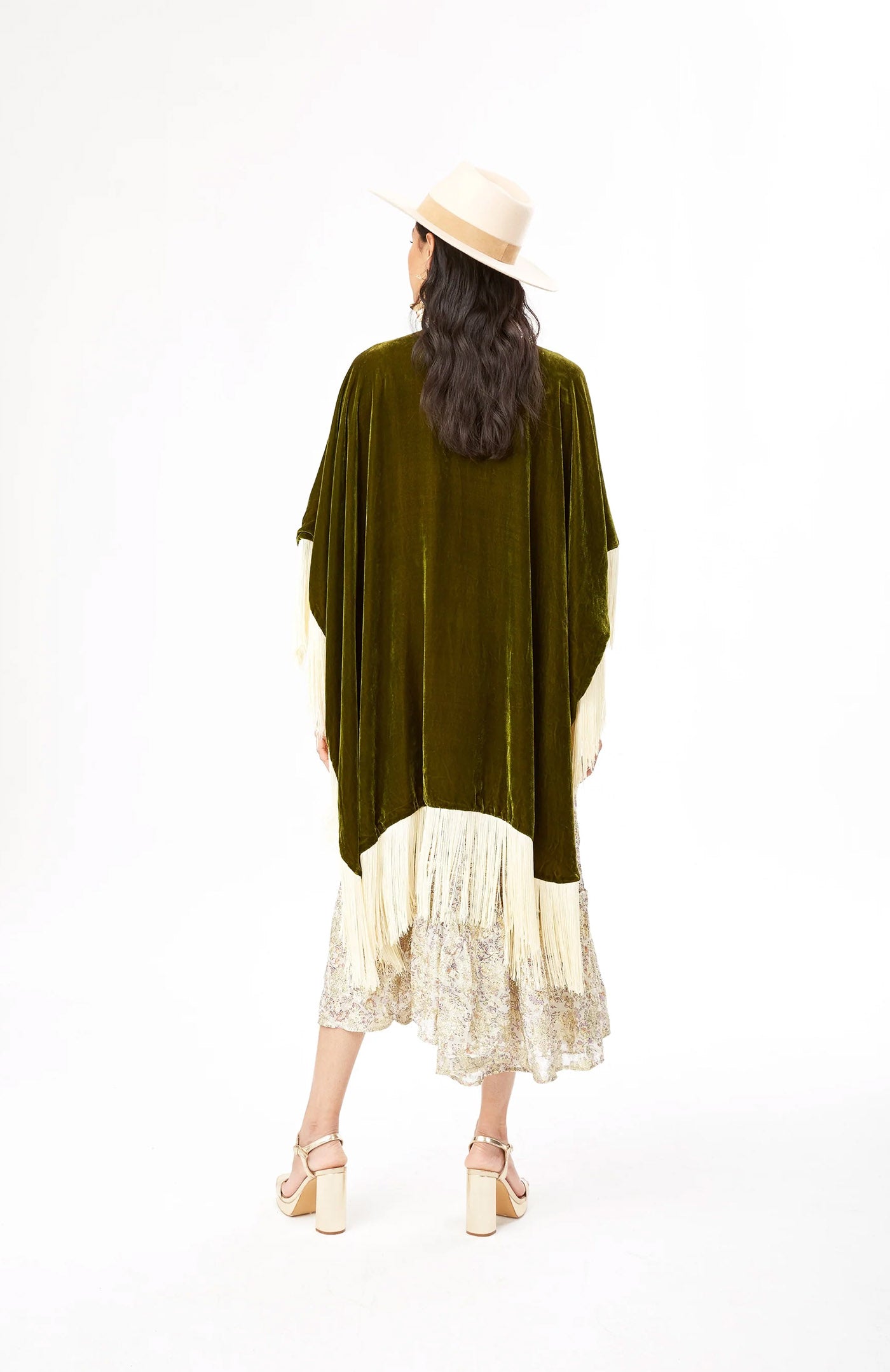 Emerald Luxe Diva | Ivory Fringe Velvet Poncho Wrap