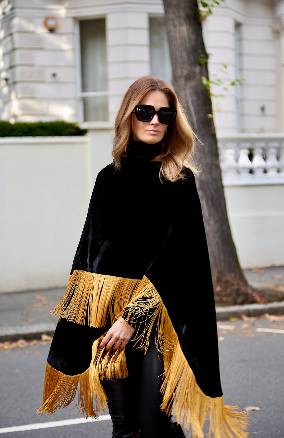 Noir Gold Opulence | Fringed Velvet After-Dark Poncho Jacket
