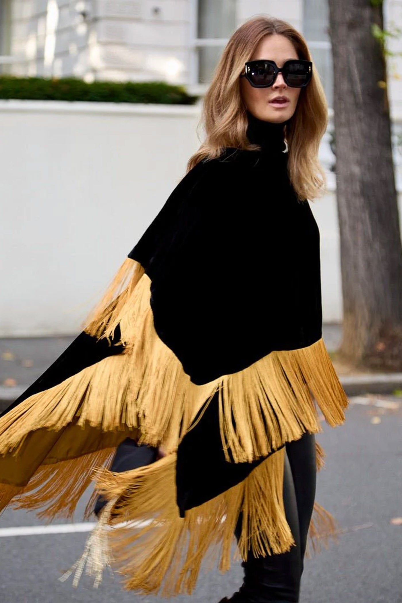 Noir Gold Opulence | Fringed Velvet After-Dark Poncho Jacket