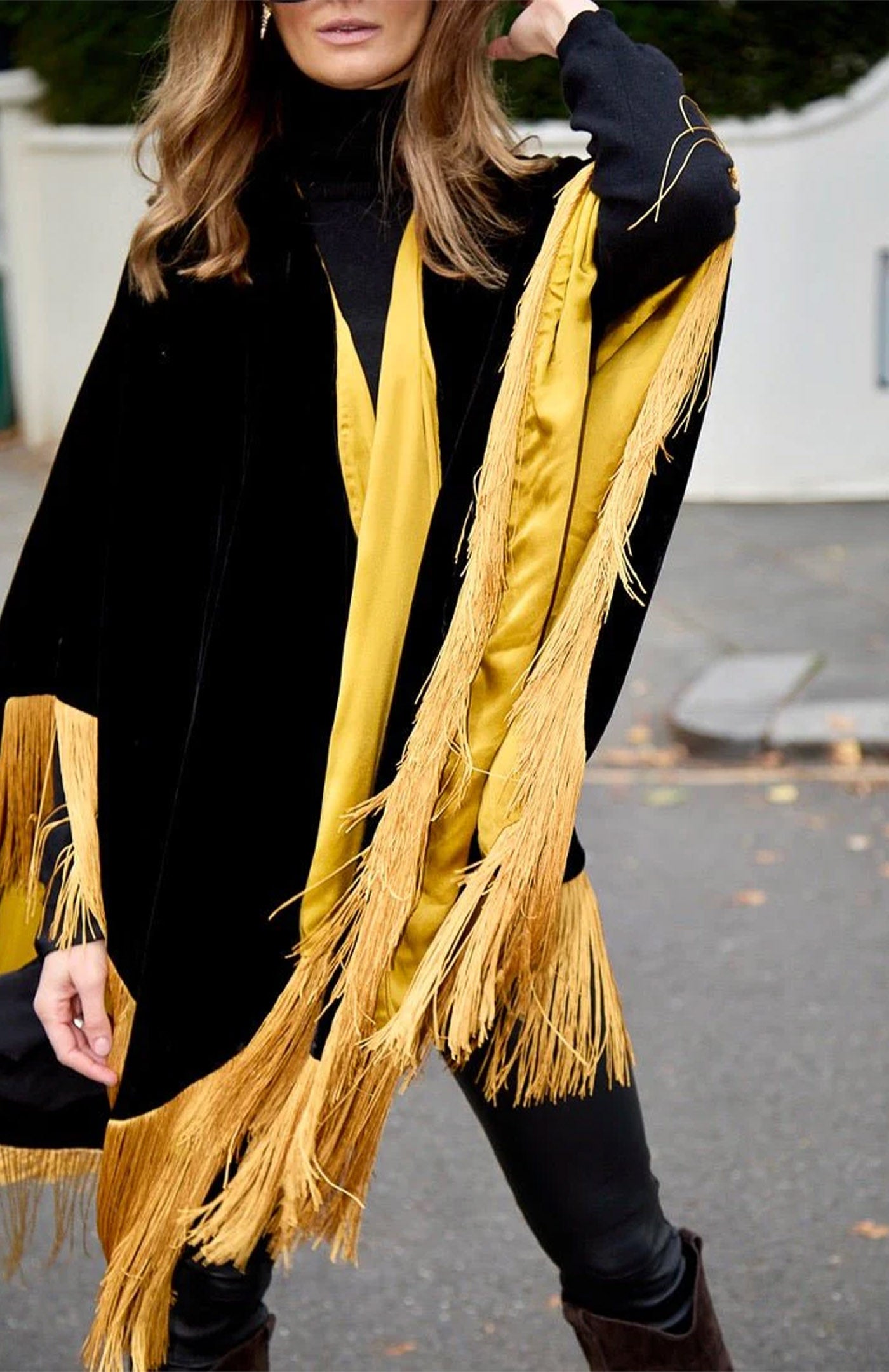Noir Gold Opulence | Fringed Velvet After-Dark Poncho Jacket