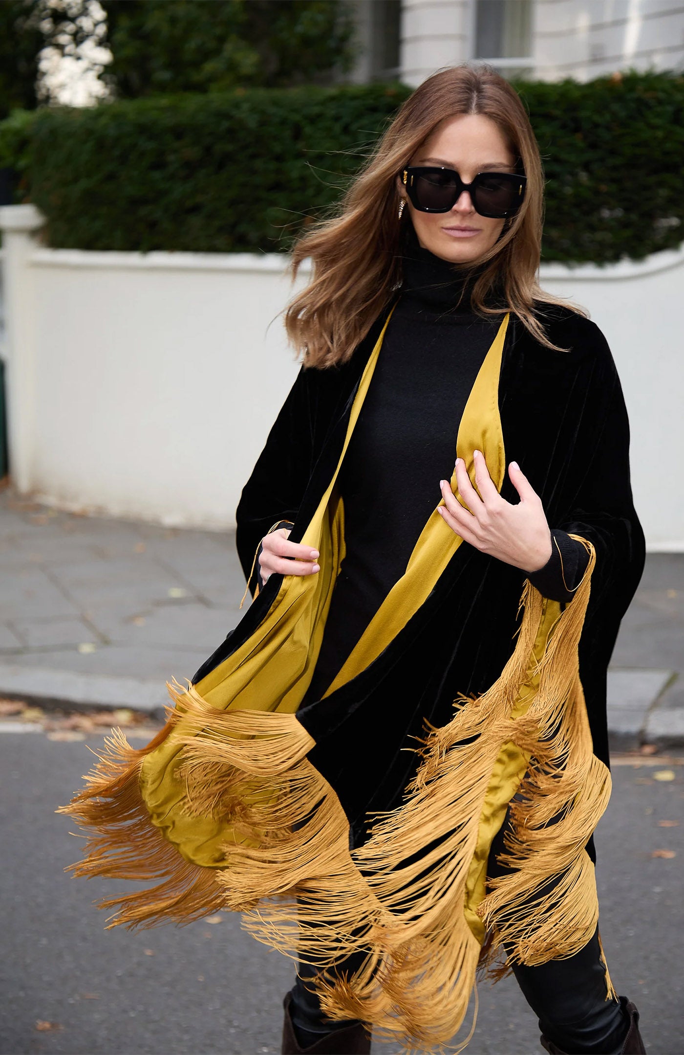 Noir Gold Opulence | Fringed Velvet After-Dark Poncho Jacket