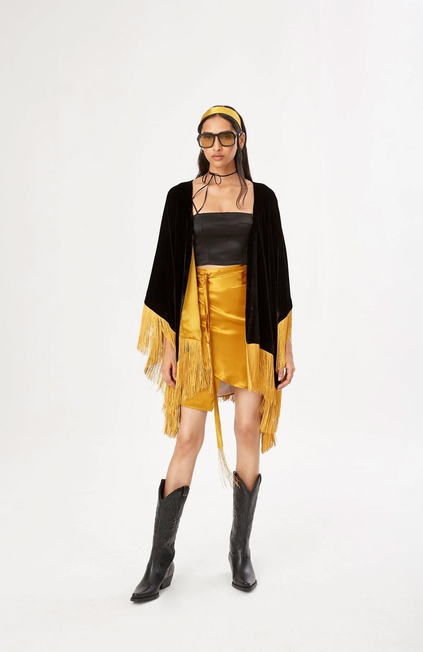 Noir Gold Opulence | Fringed Velvet After-Dark Poncho Jacket