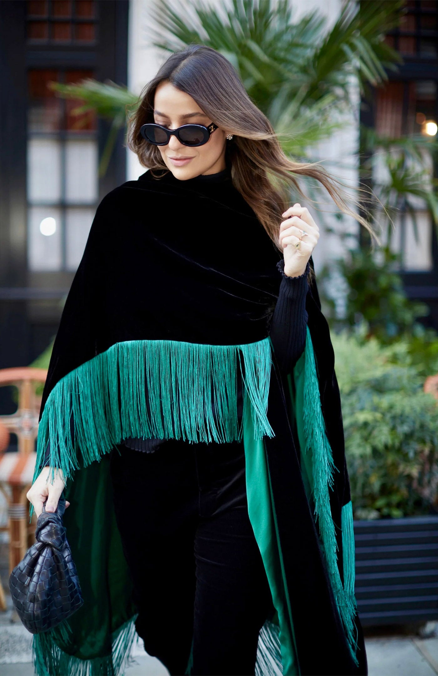 Midnight Ivory Opulence | Fringed Velvet After-Dark Poncho Jacket