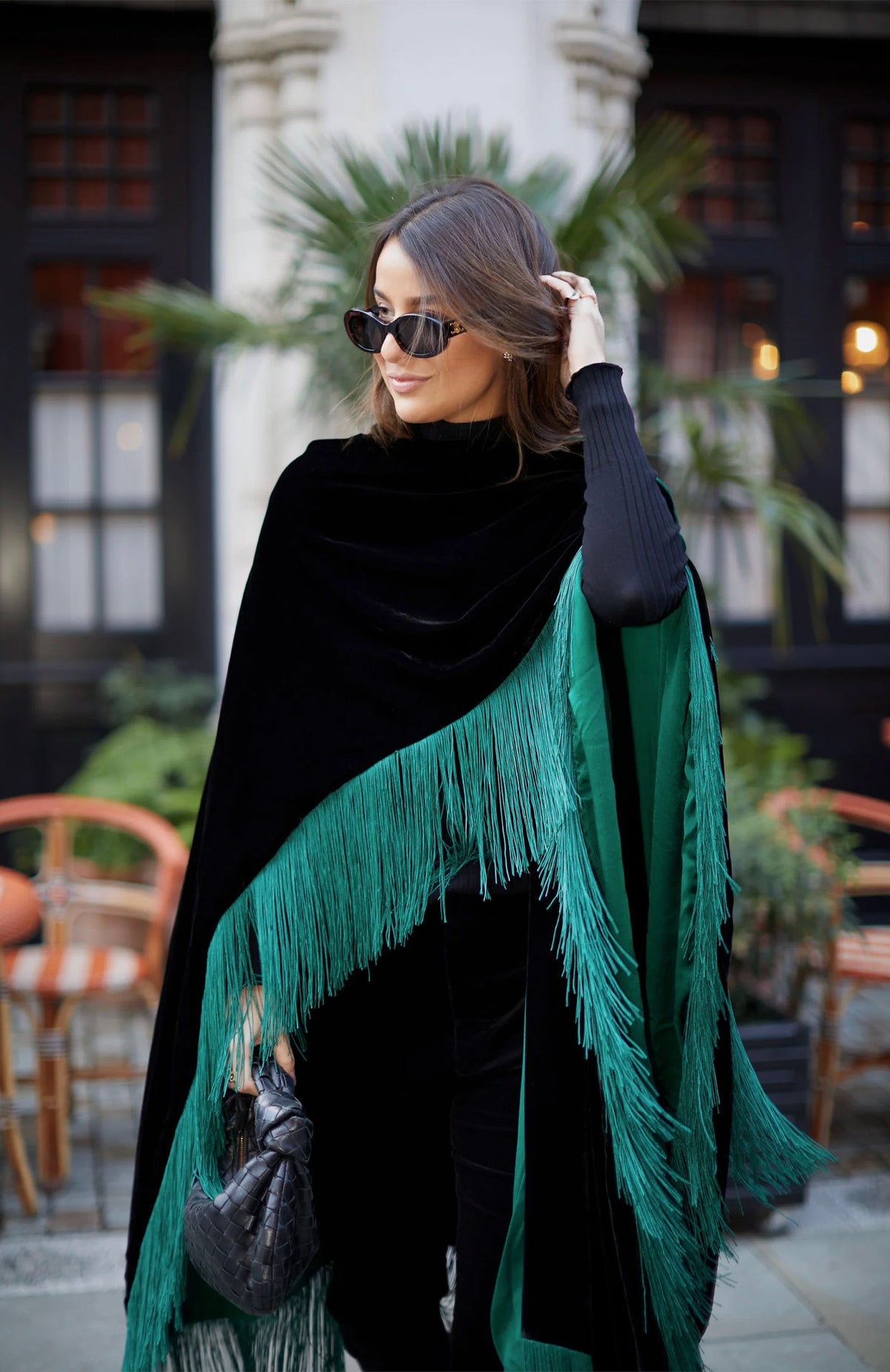 Midnight Ivory Opulence | Fringed Velvet After-Dark Poncho Jacket