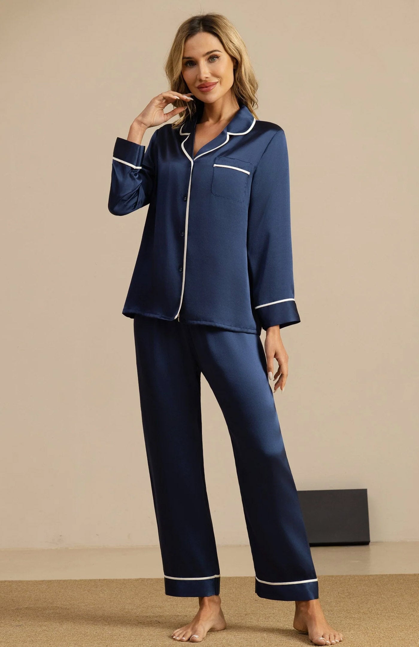 Navy Blue | Satin Button-Down Pajama Set