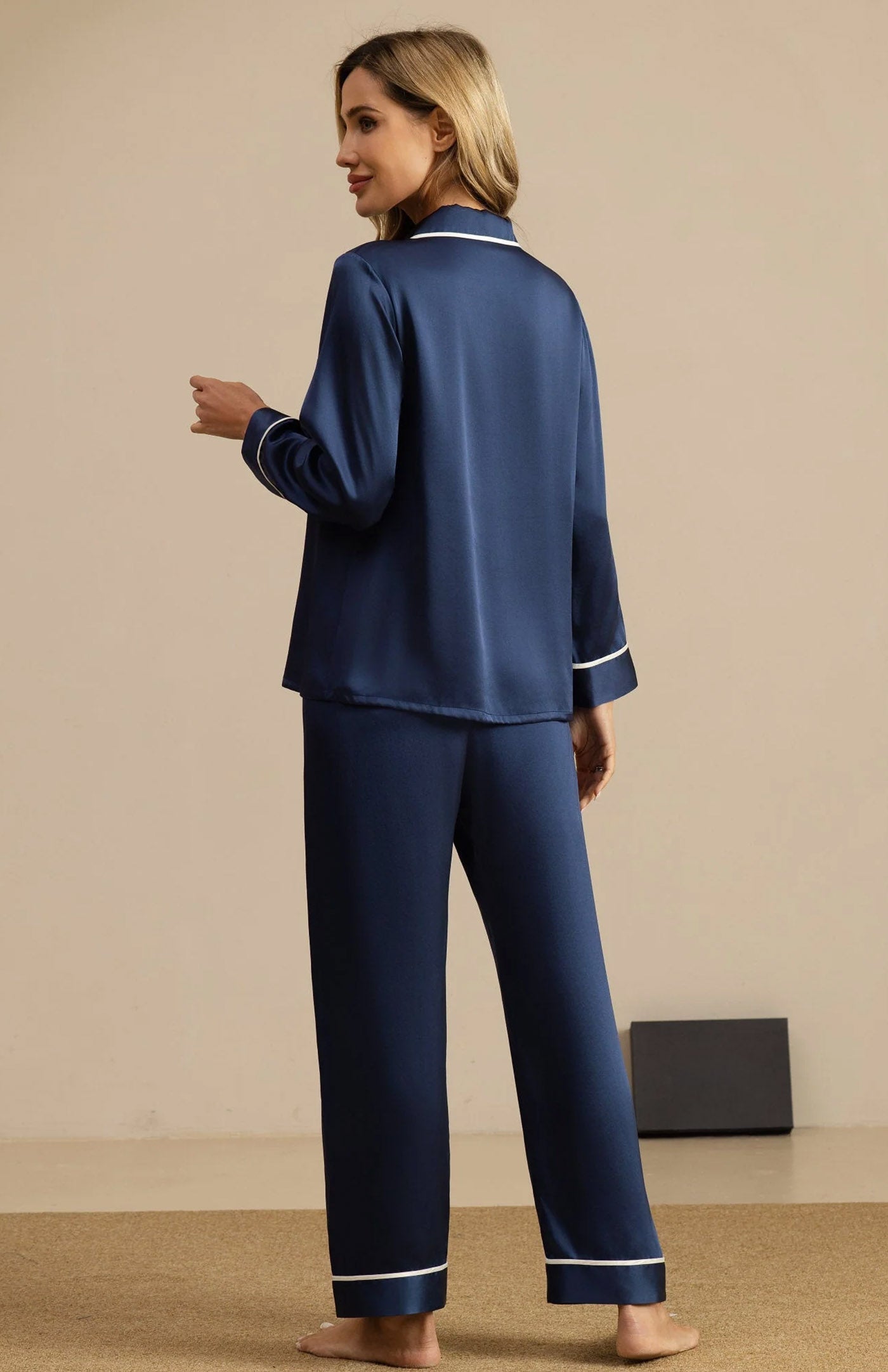 Navy Blue | Satin Button-Down Pajama Set