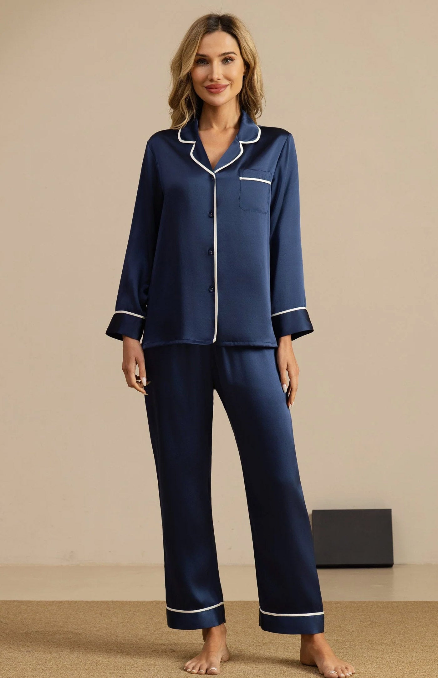 Navy Blue | Satin Button-Down Pajama Set