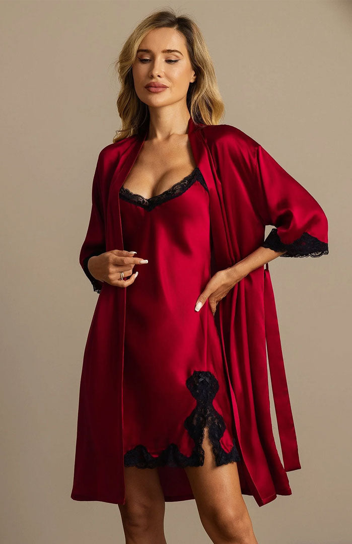 Ruby Obsession – Lace-Trim Luxe Duo | Satin Dress and Robe Set