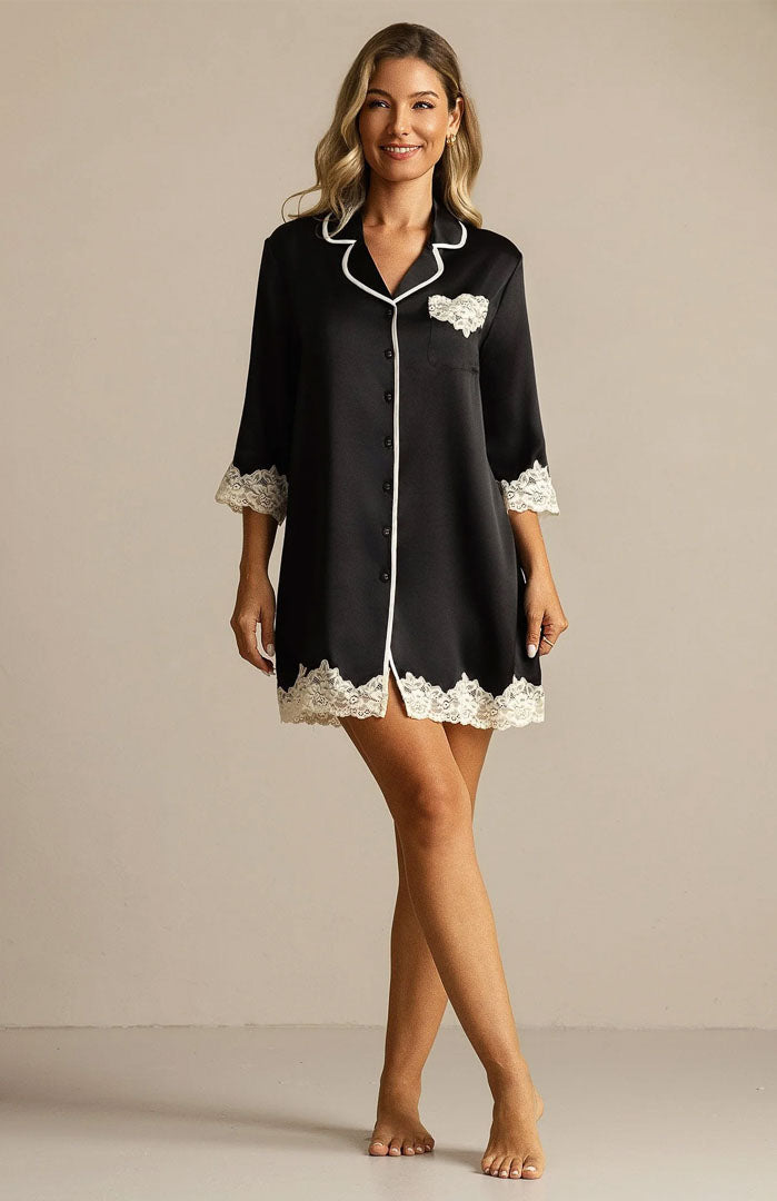 Lace Black Babe – Satin & Lace Boyfriend Shirt Nightdress