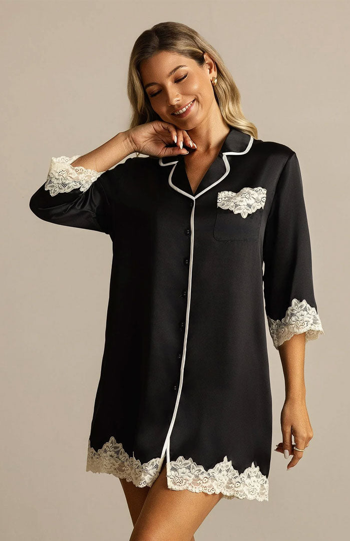 Lace Black Babe – Satin & Lace Boyfriend Shirt Nightdress