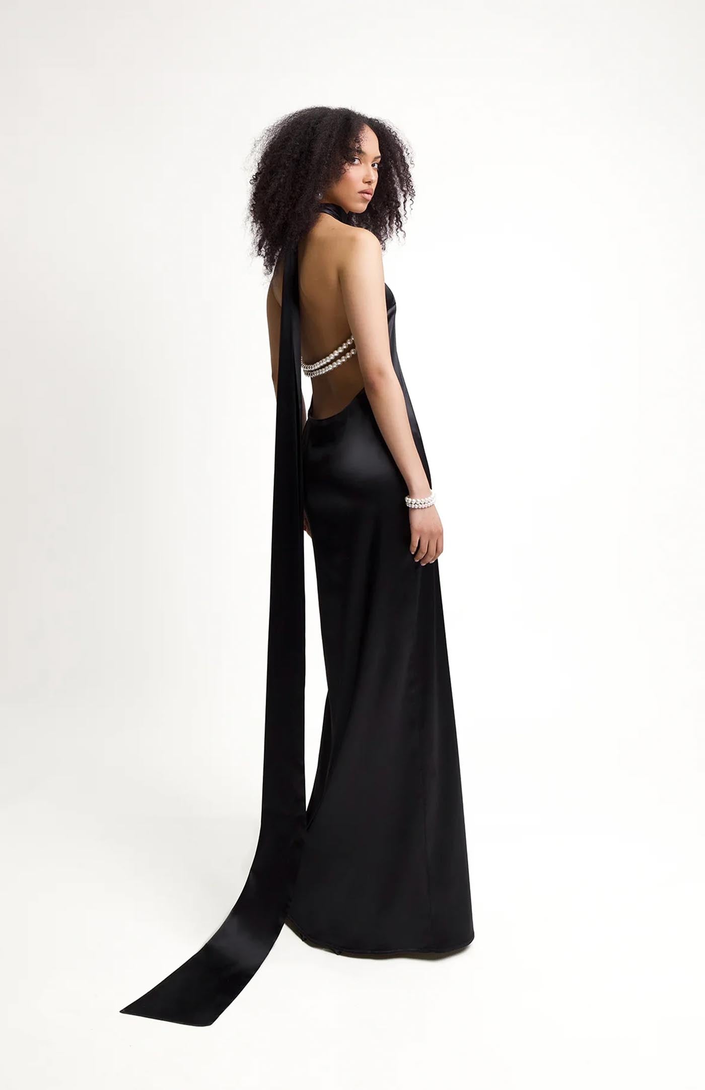 Midnight Pearl Gown | Black Dress with Pearl Strings