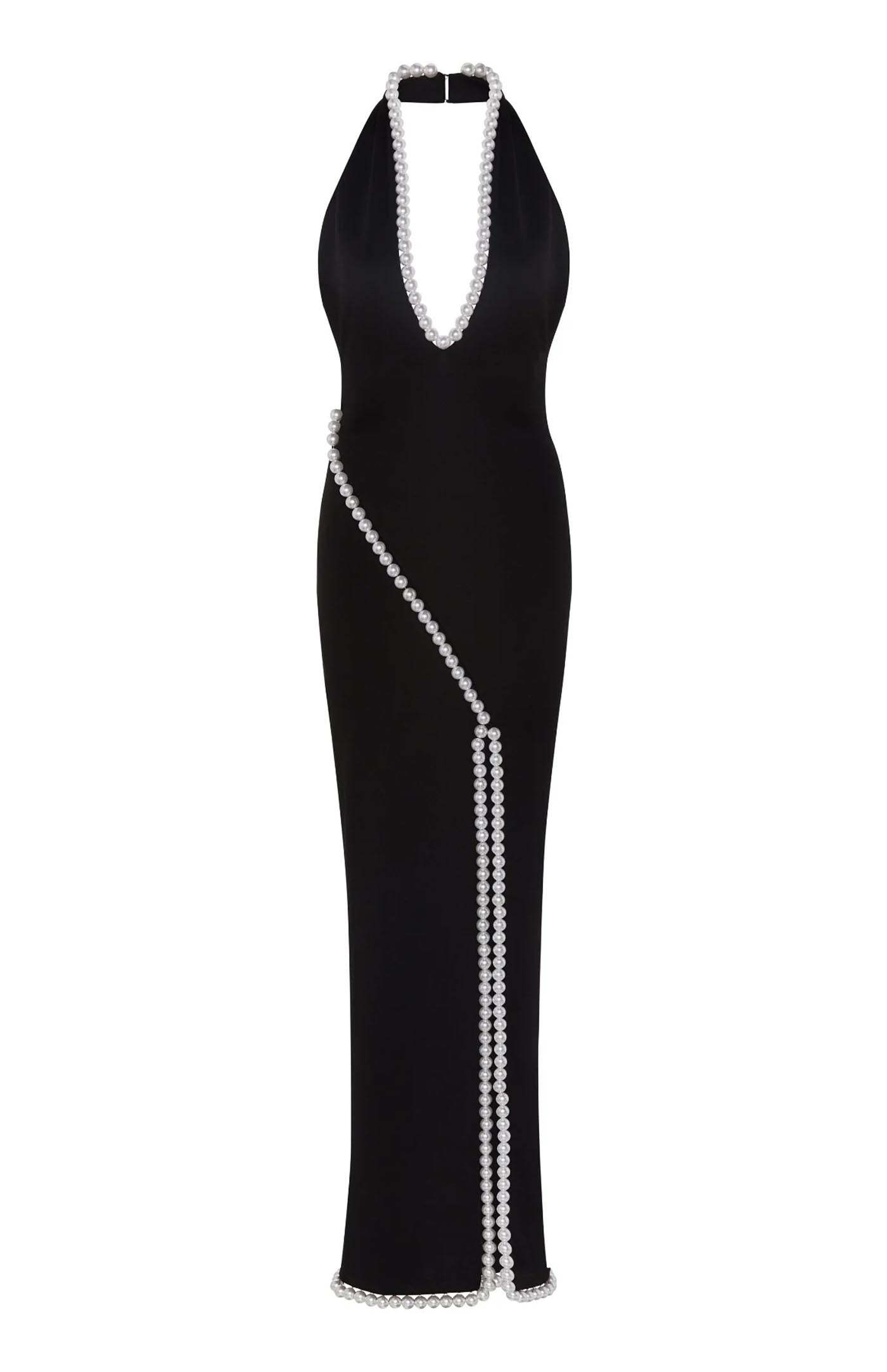 Onyx Pearl Slit Gown | Black Gown with pearl detailing