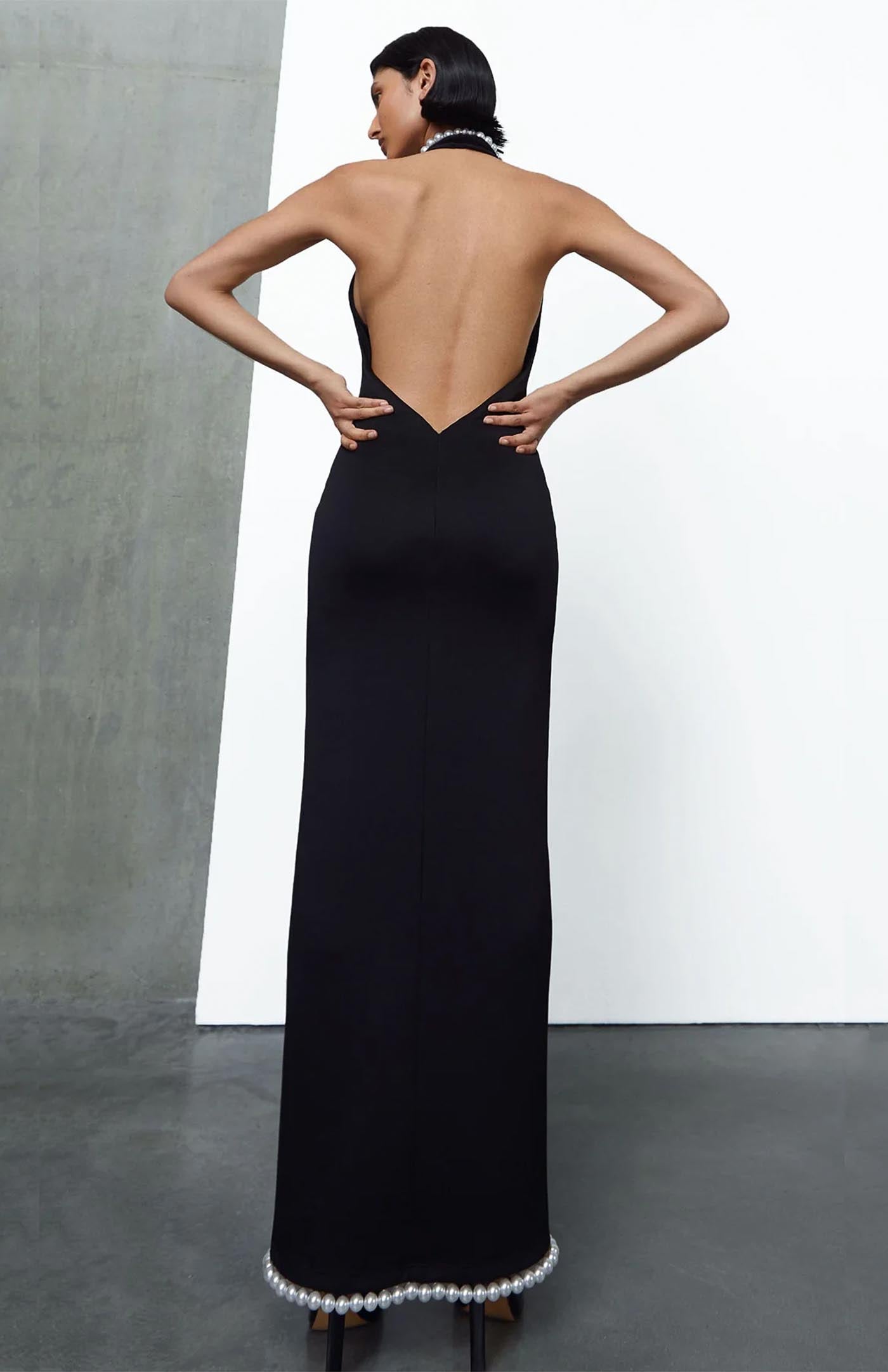 Onyx Pearl Slit Gown | Black Gown with pearl detailing