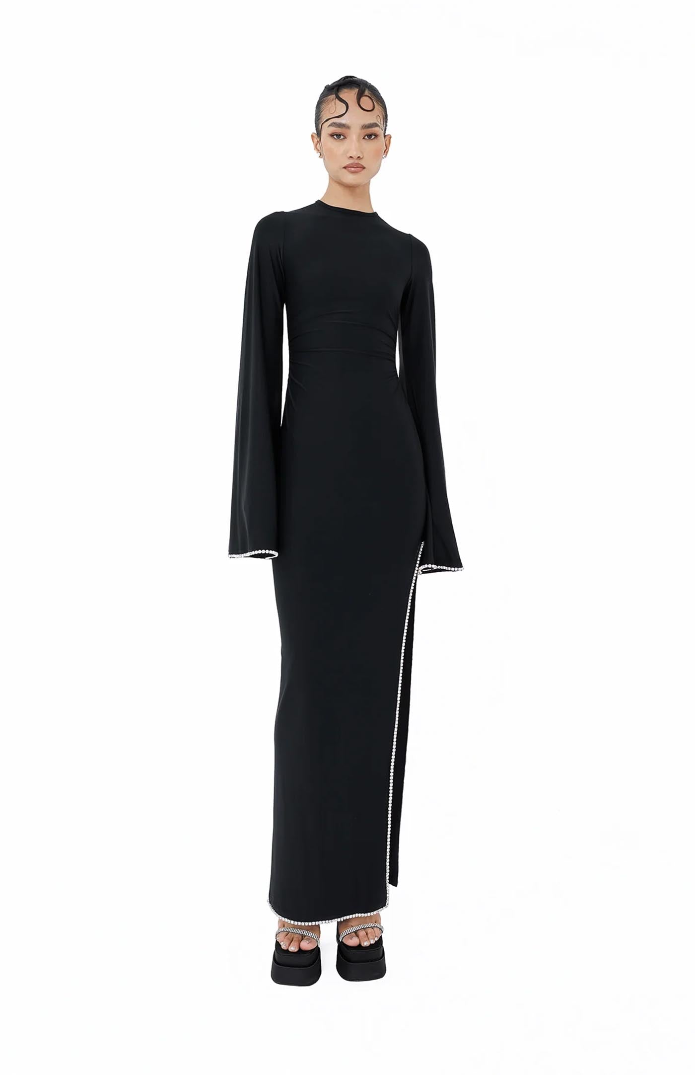 Midnight Bell Swarovski Slit Gown | Black Gown Bell Sleeves