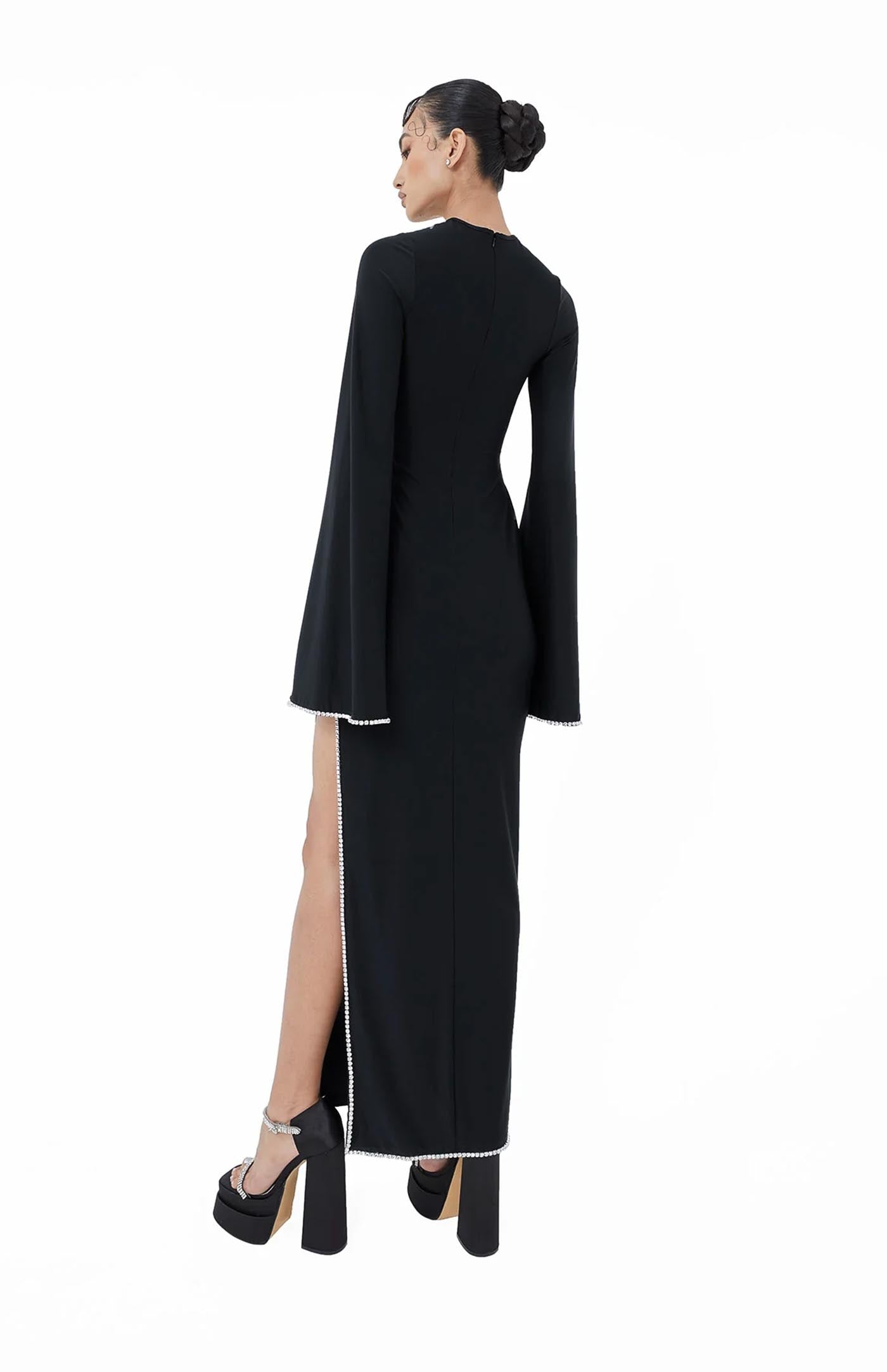 Midnight Bell Swarovski Slit Gown | Black Gown Bell Sleeves