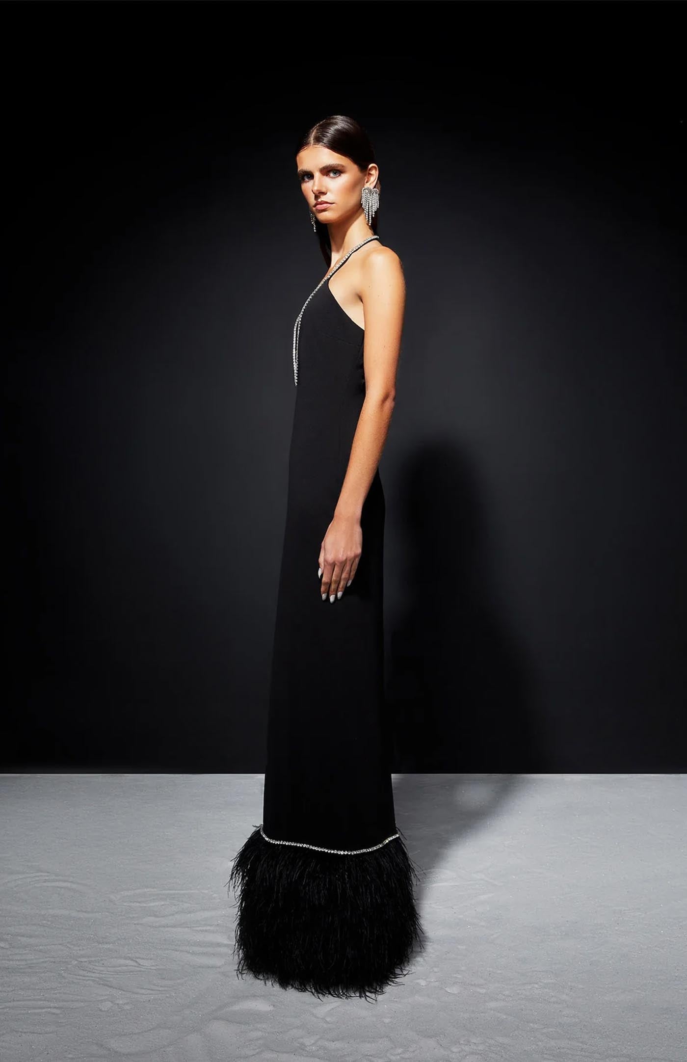 Midnight Luxe Gown | Black Gown with Feather