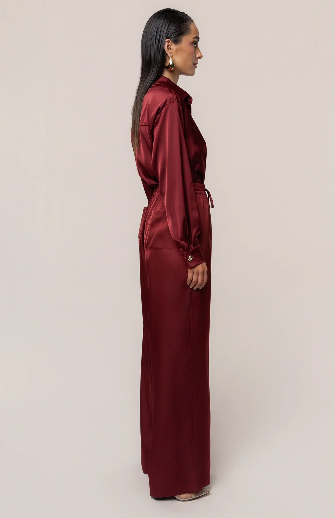 Burgundy Luxe | Tailored Satin Button-Down Co-Ord