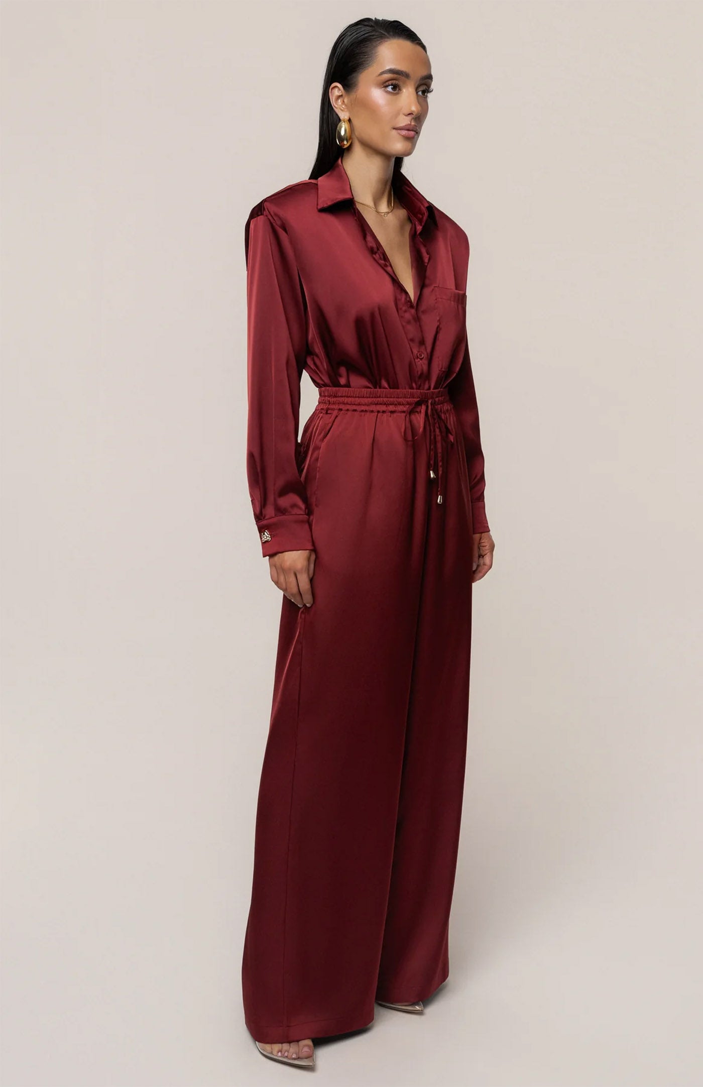 Burgundy Luxe | Tailored Satin Button-Down Co-Ord