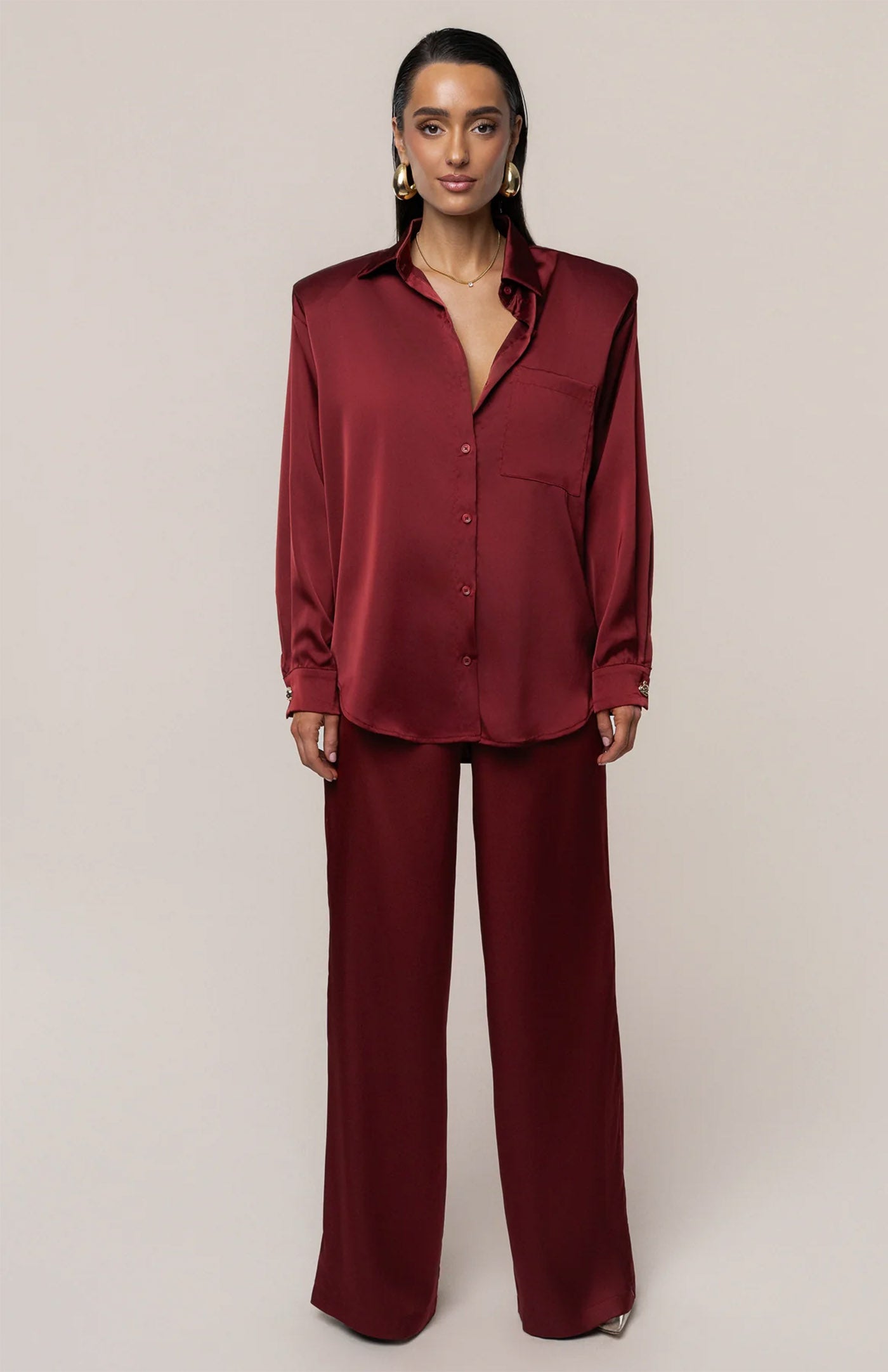 Burgundy Luxe | Tailored Satin Button-Down Co-Ord