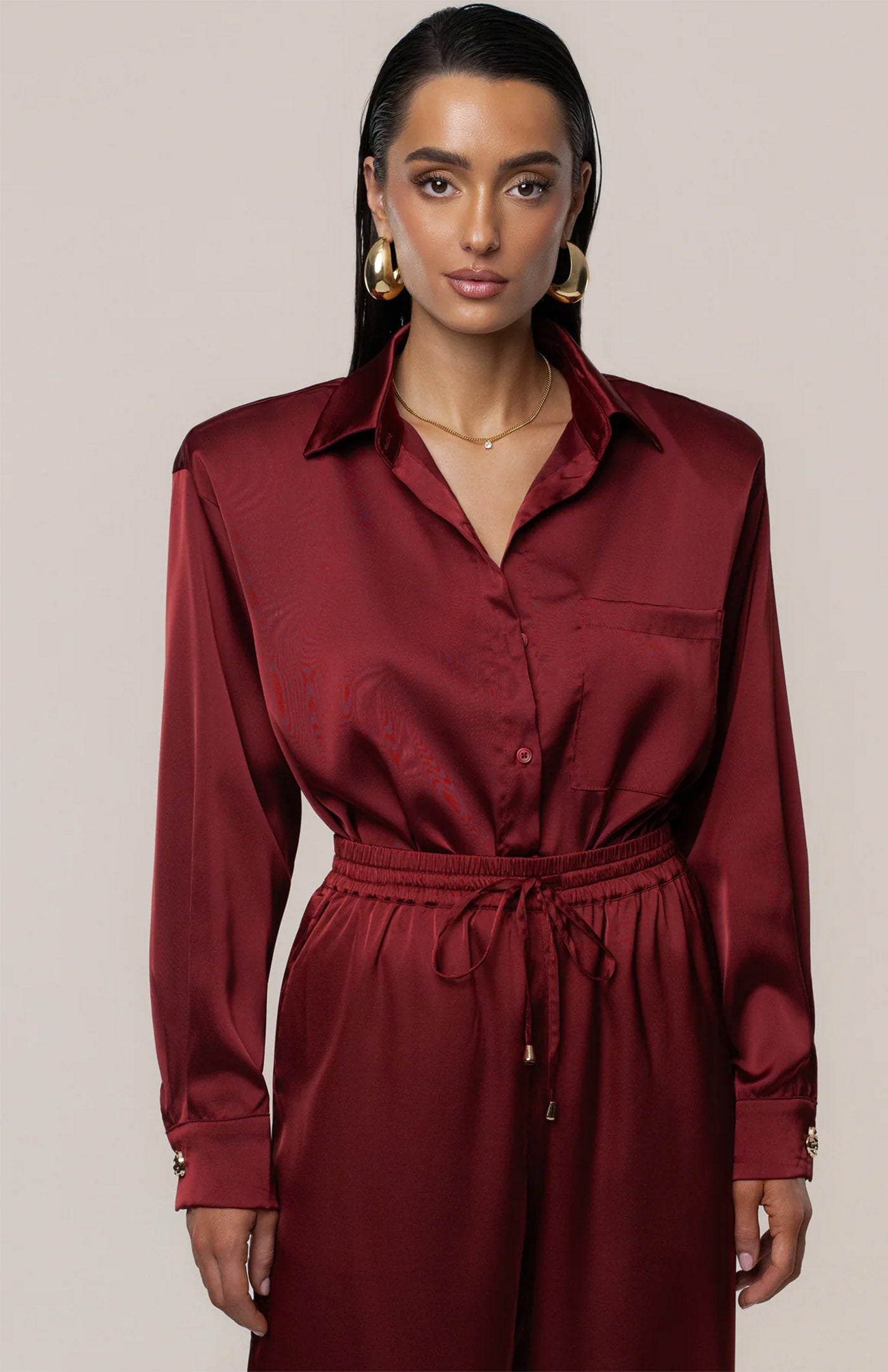 Burgundy Luxe | Tailored Satin Button-Down Co-Ord