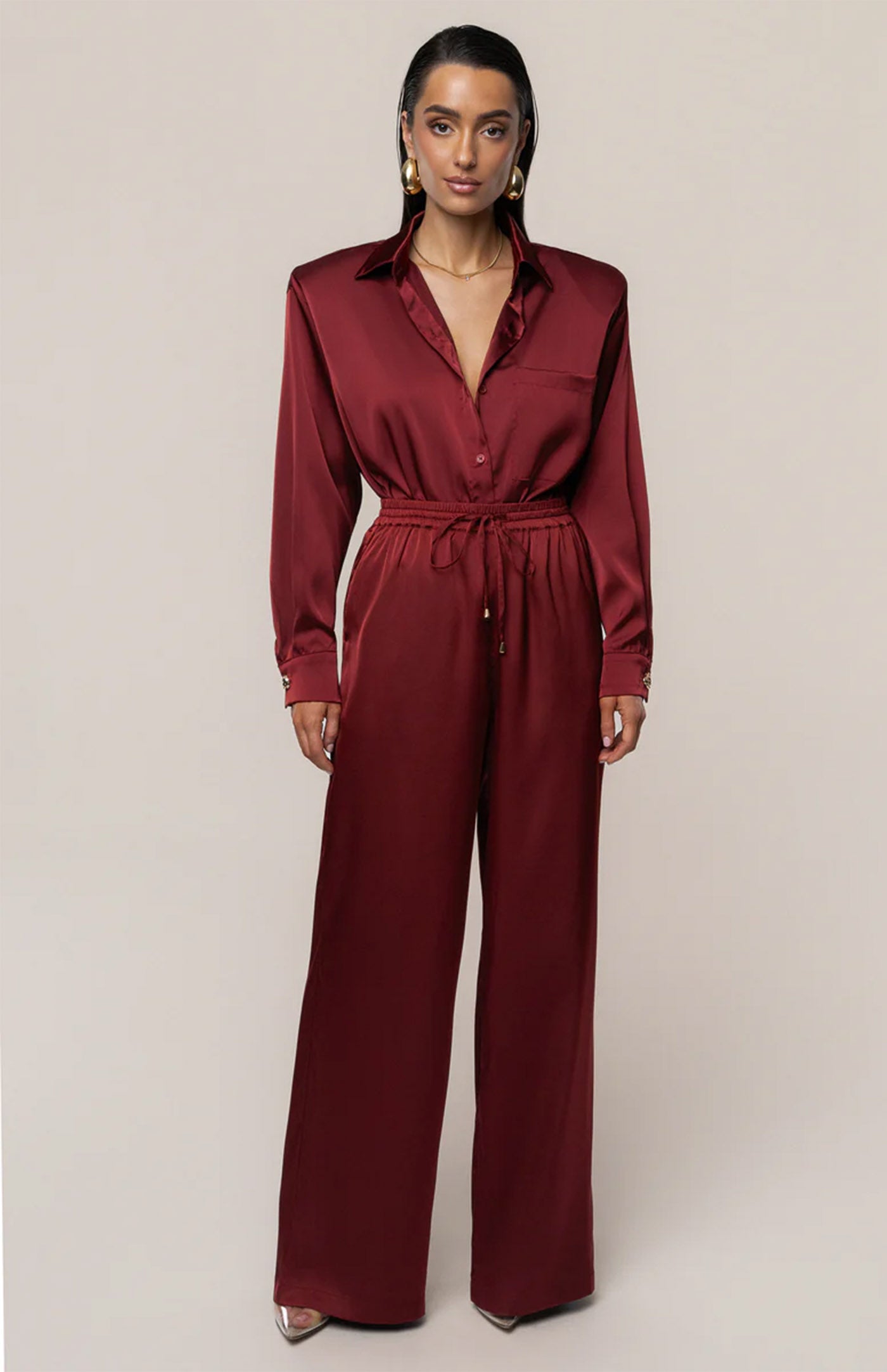 Burgundy Luxe | Tailored Satin Button-Down Co-Ord