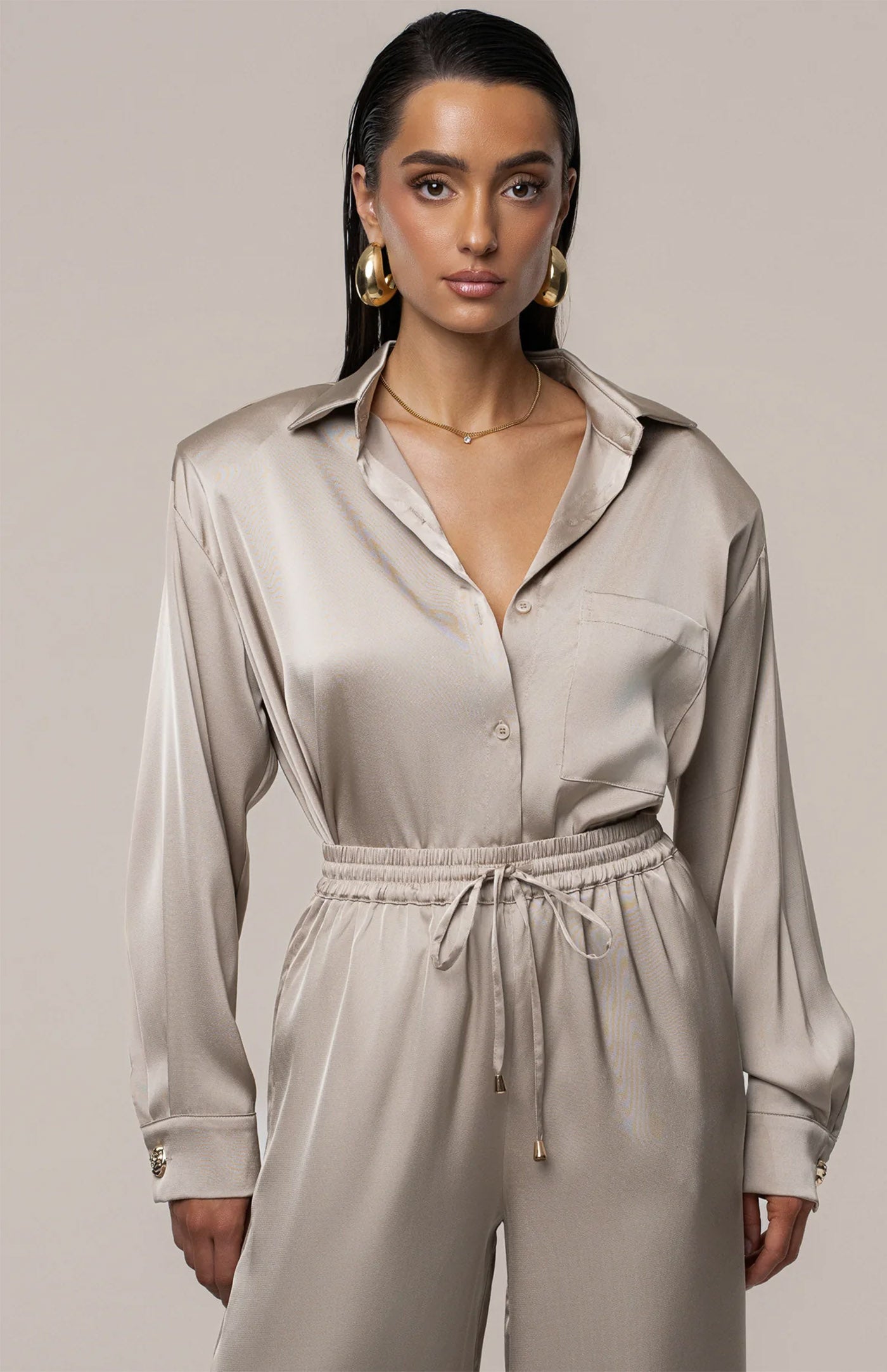Champagne Dynasty | Tailored Satin Button-Down Co-Ord