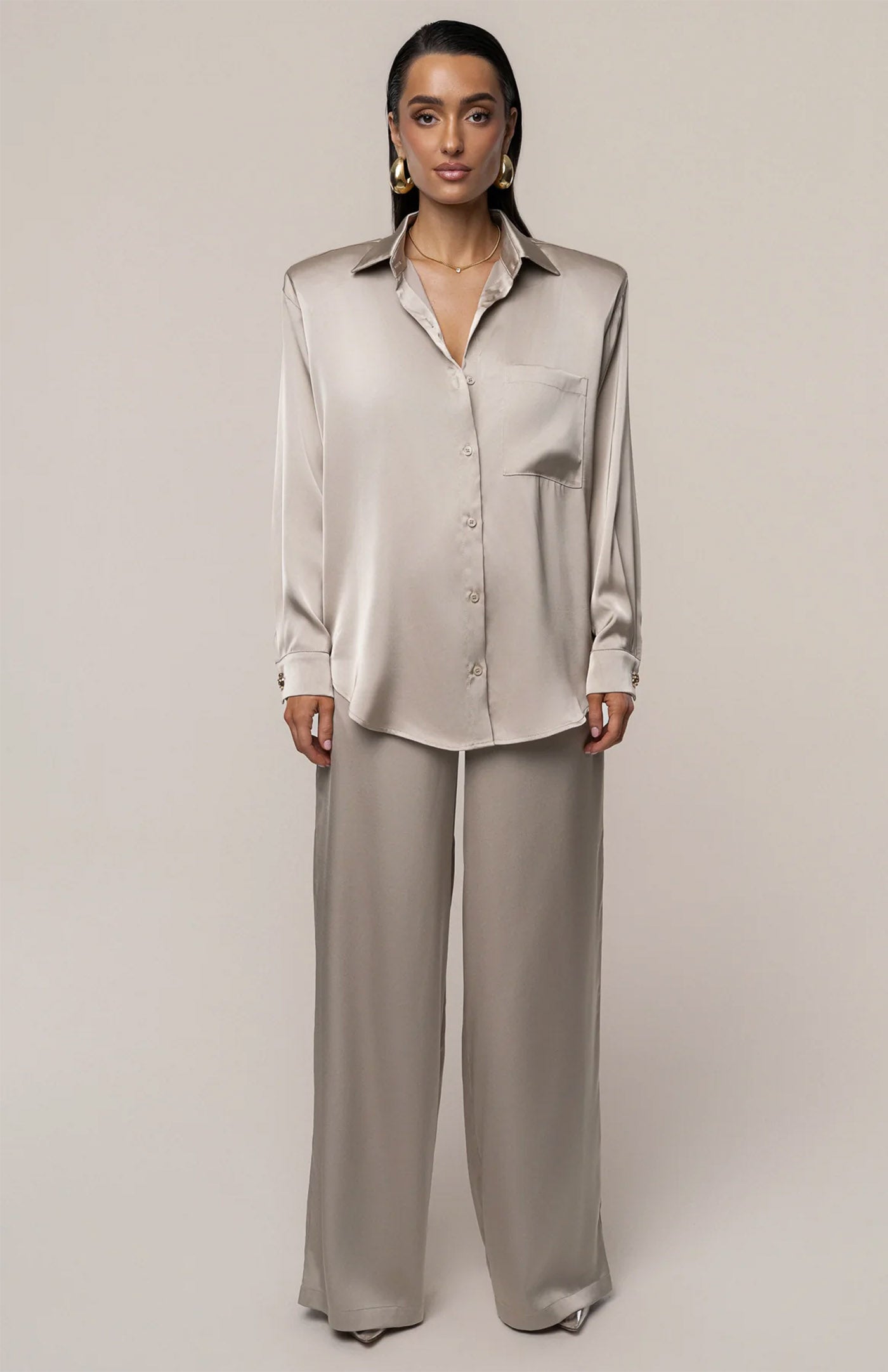 Champagne Dynasty | Tailored Satin Button-Down Co-Ord