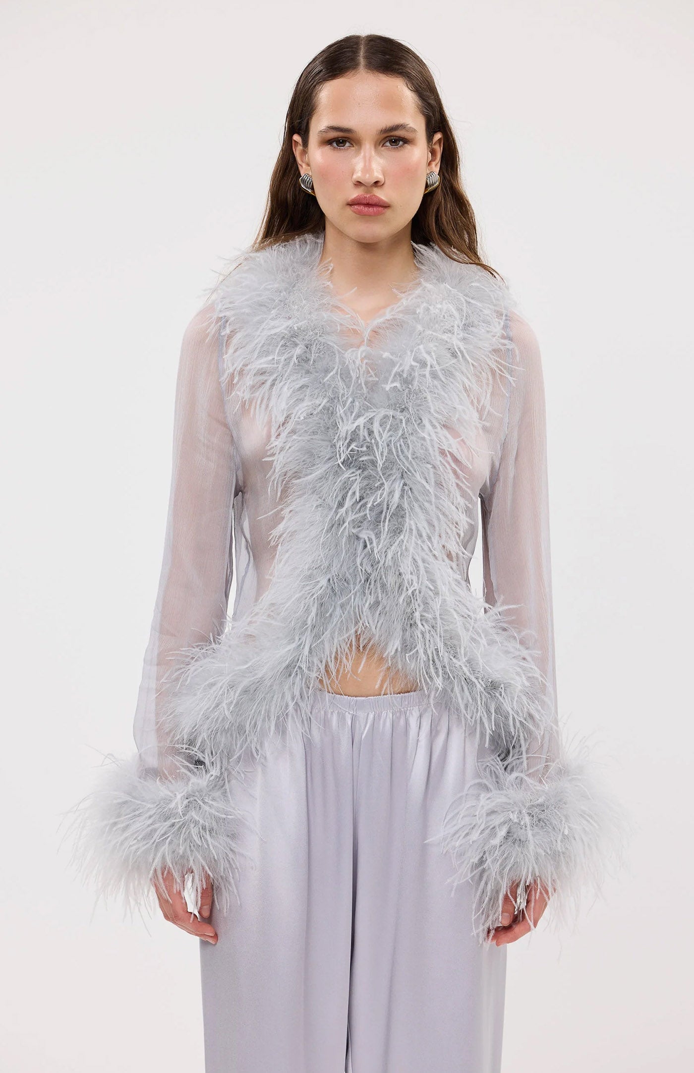 The Gaga Sheer Feather Lavender Blouse | Ostrich Feather Top