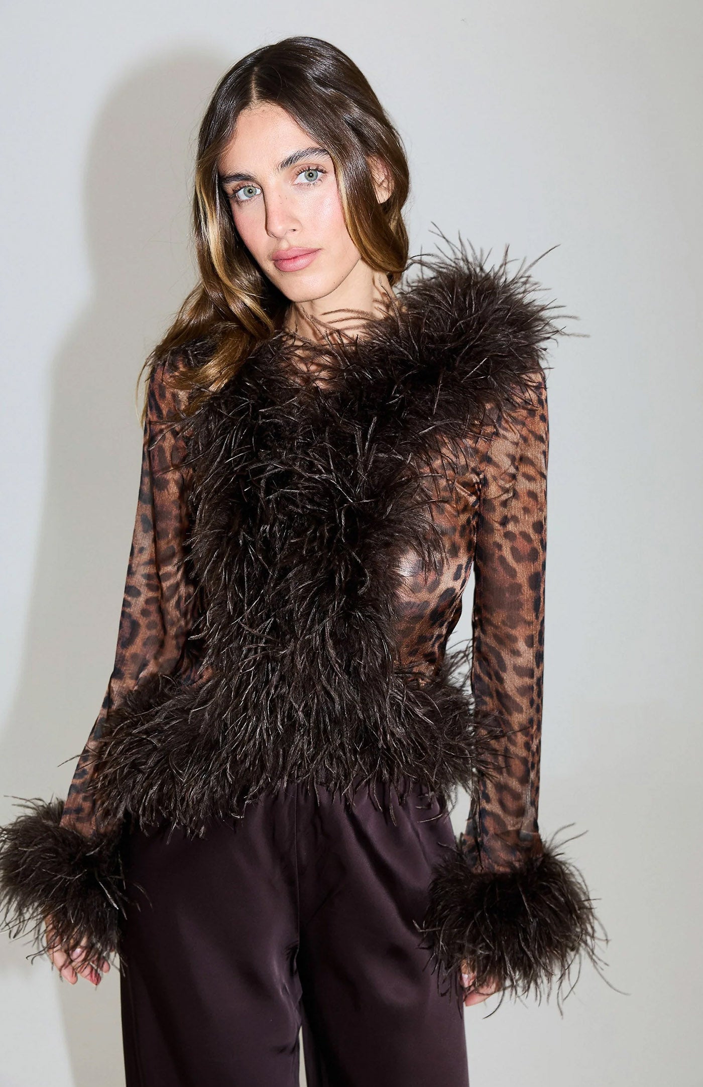 The Gaga Sheer Feather Leopard Blouse | Ostrich Feather Top
