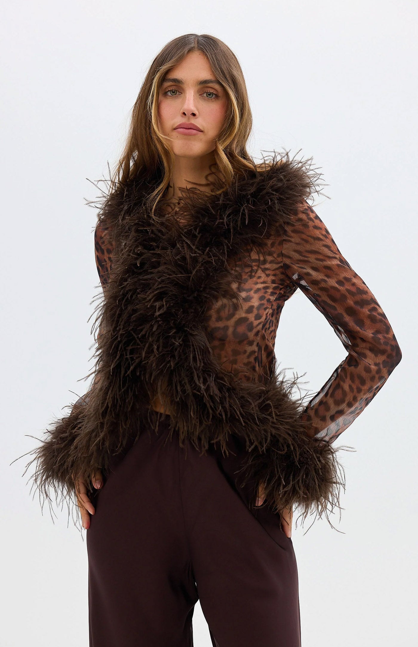 The Gaga Sheer Feather Leopard Blouse | Ostrich Feather Top
