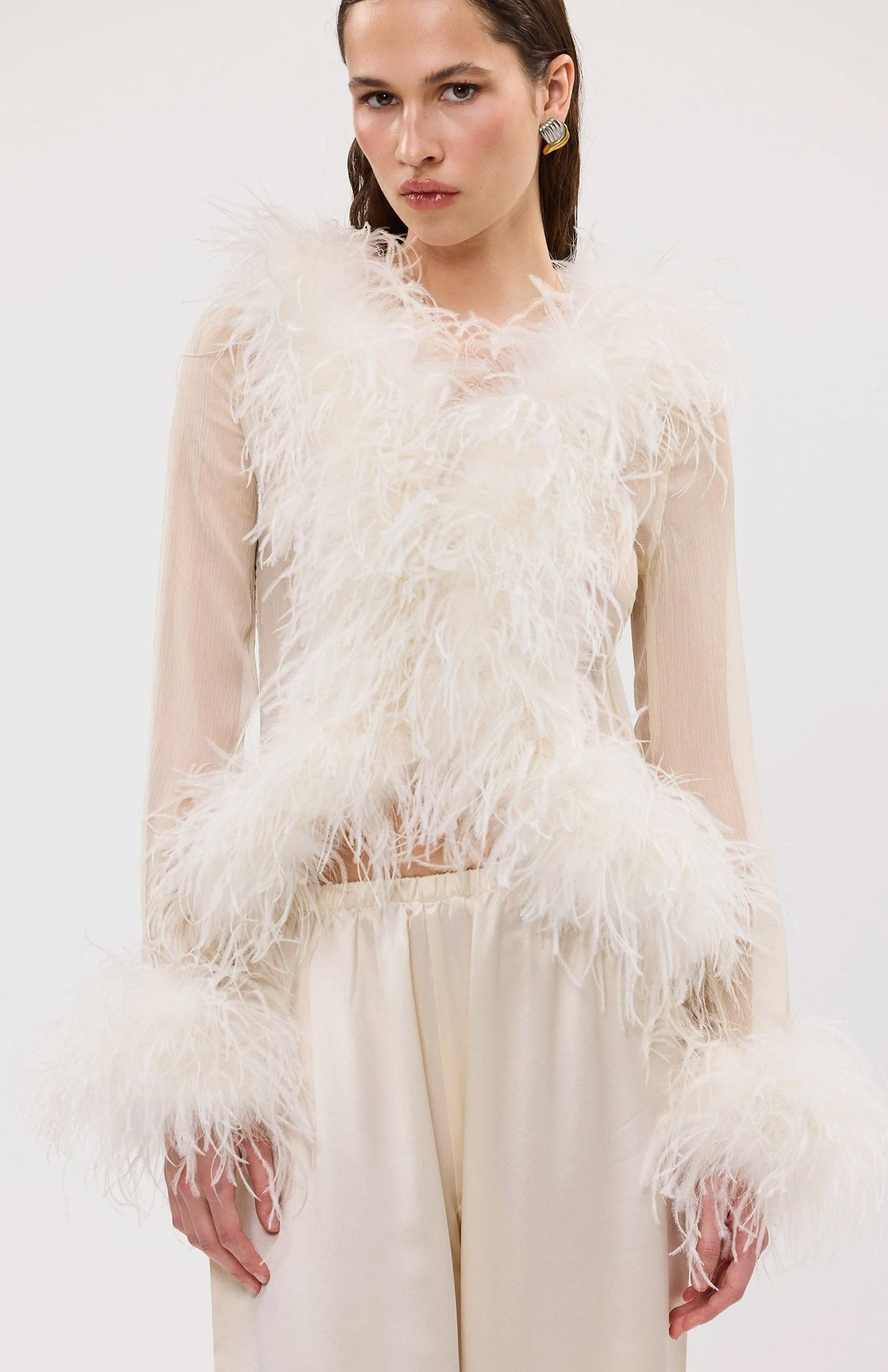 The Gaga Sheer Feather Ivory Blouse | Ostrich Feather Top