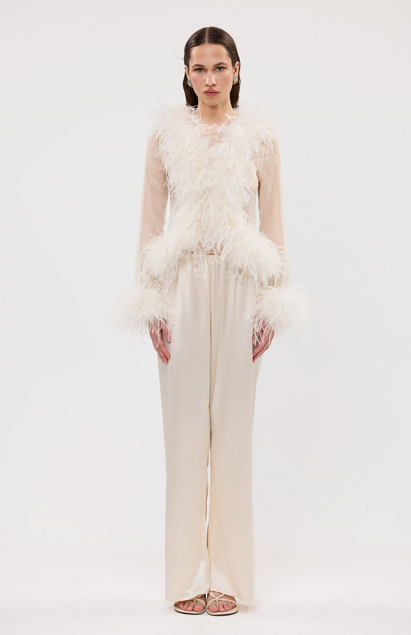 The Gaga Sheer Feather Ivory Blouse | Ostrich Feather Top