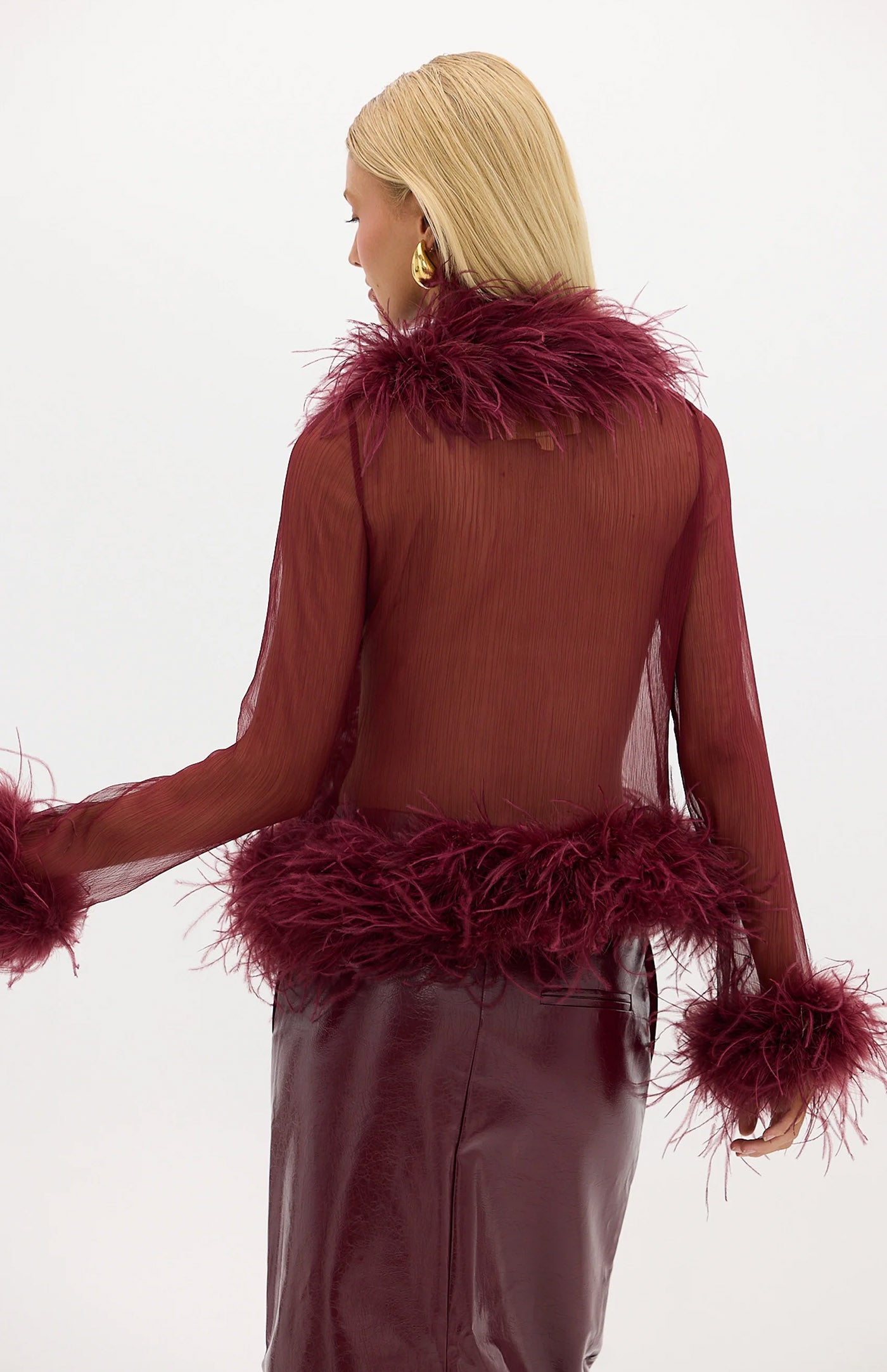 The Gaga Sheer Feather Cherry Blouse | Ostrich Feather Top